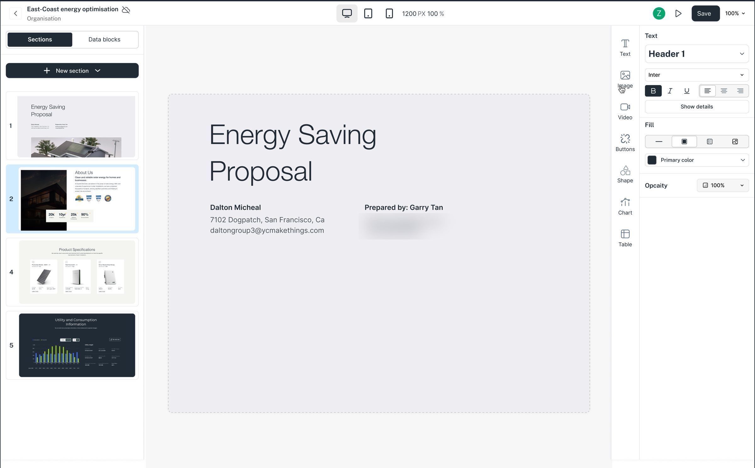 A proposal page mid-edit, with the text properties open on the right.