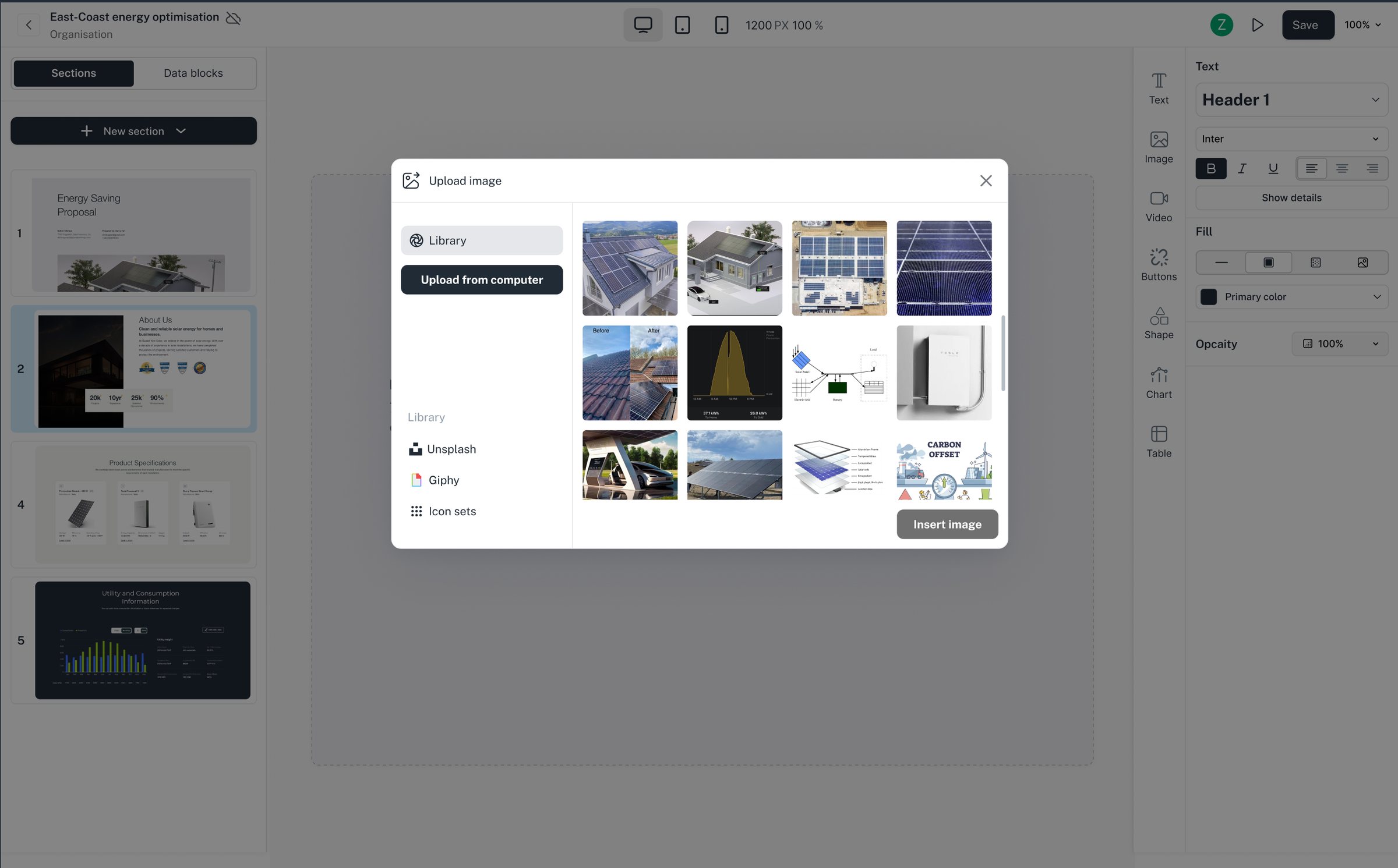 Upload from the computer, or pull from the library — Unsplash, Giphy, icon sets, and the solar imagery Aether ships.