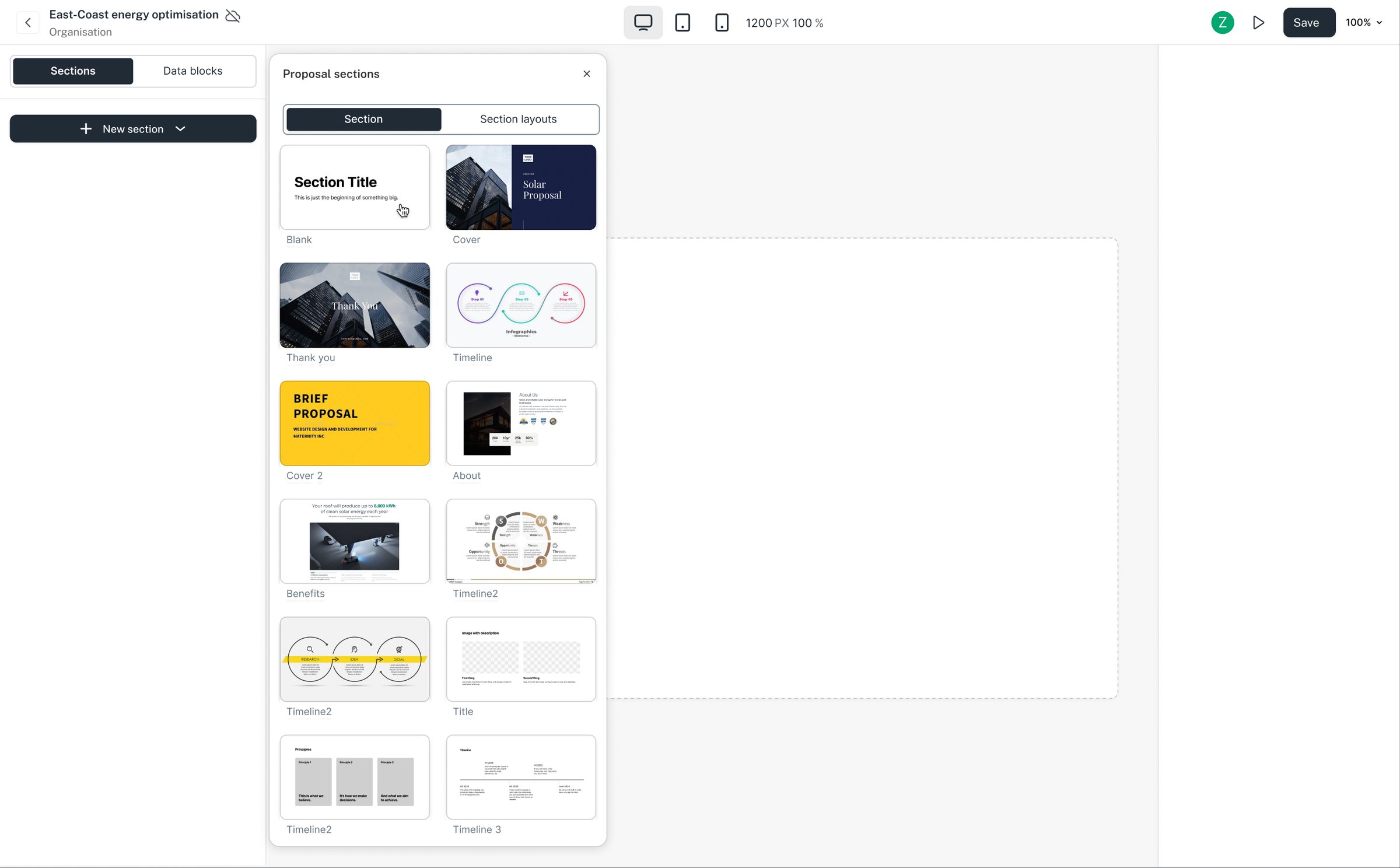 Ready-made sections: cover, about, benefits, timeline, thank you.