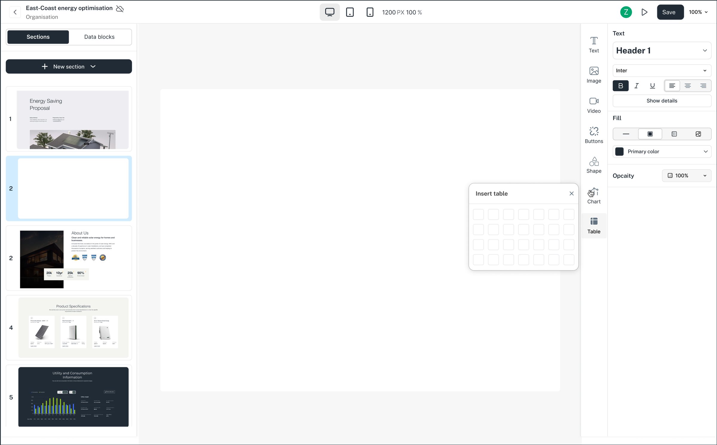 The table control opens as a grid you drag across to set the size.