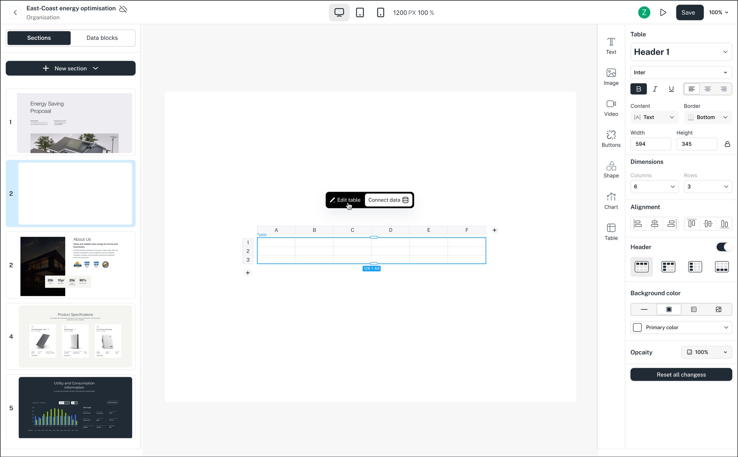 Placed, with Edit table and Connect data.