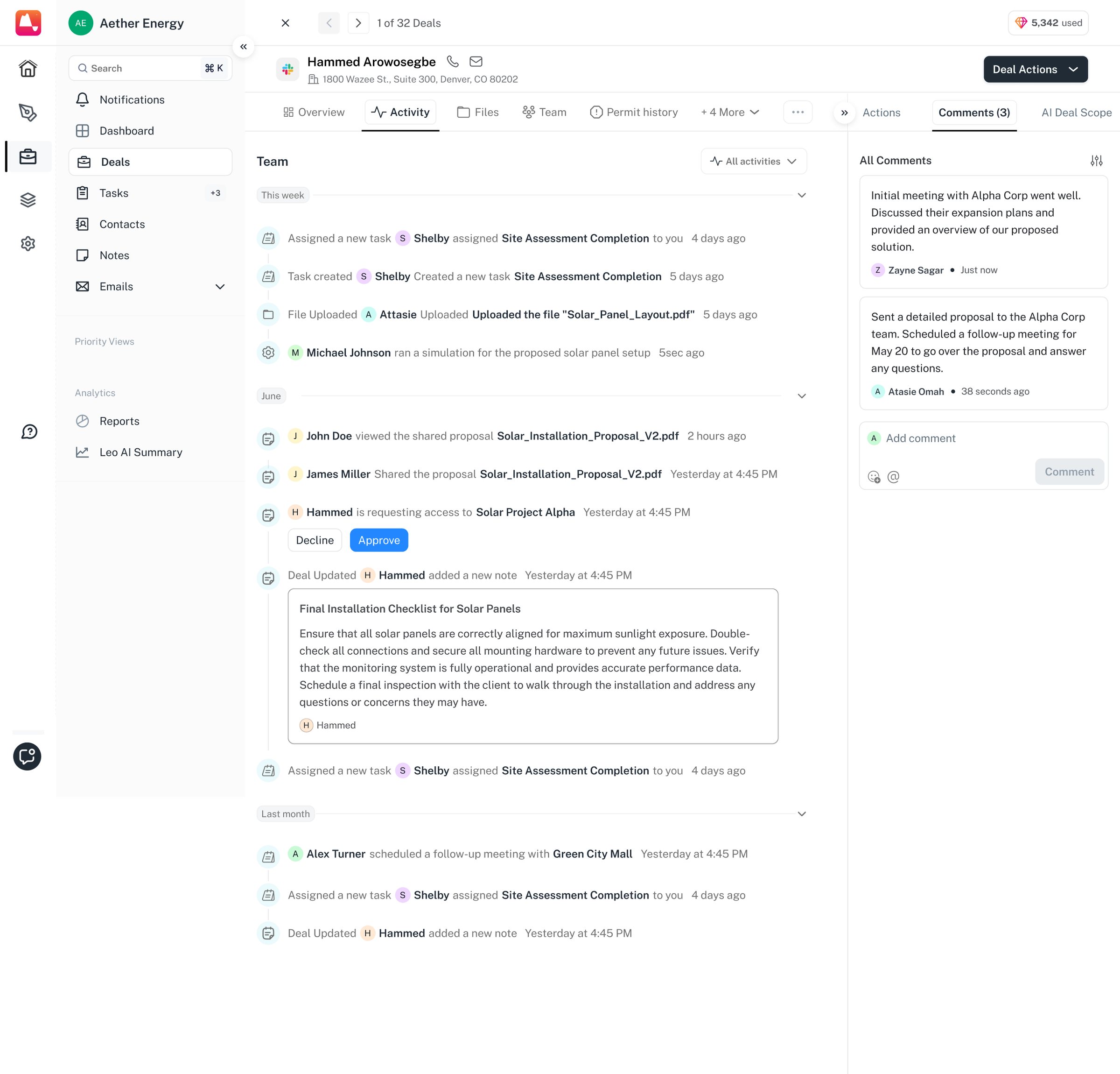 Every touch on the deal in one feed — a task assigned, a file uploaded, a simulation run, a proposal viewed and shared, an access request answered without leaving the page.
