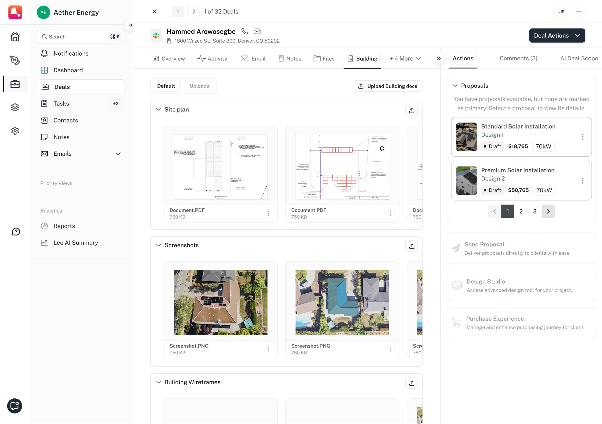 Site plans, aerial screenshots and building wireframes on the deal, with the actions rail alongside: the proposals drafted so far, and the way through to Design Studio.