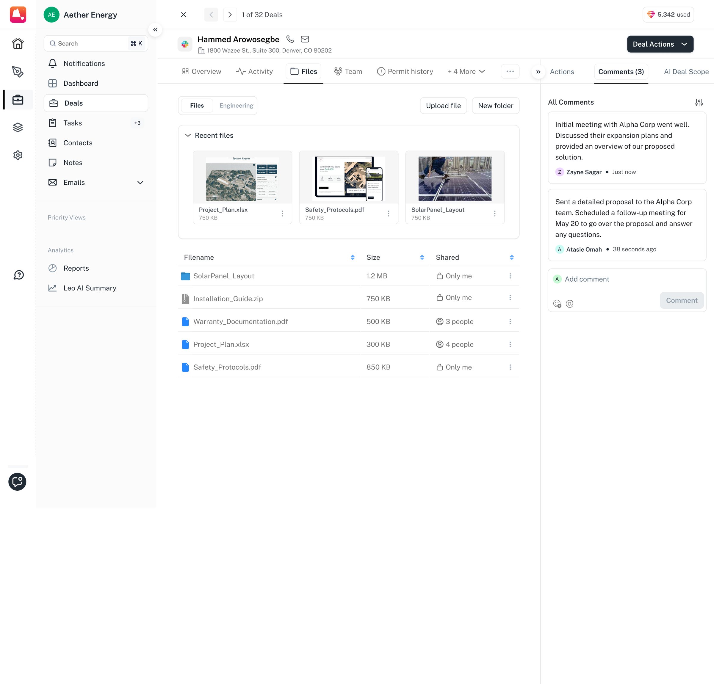 The files tab with the comment rail open beside the deal.