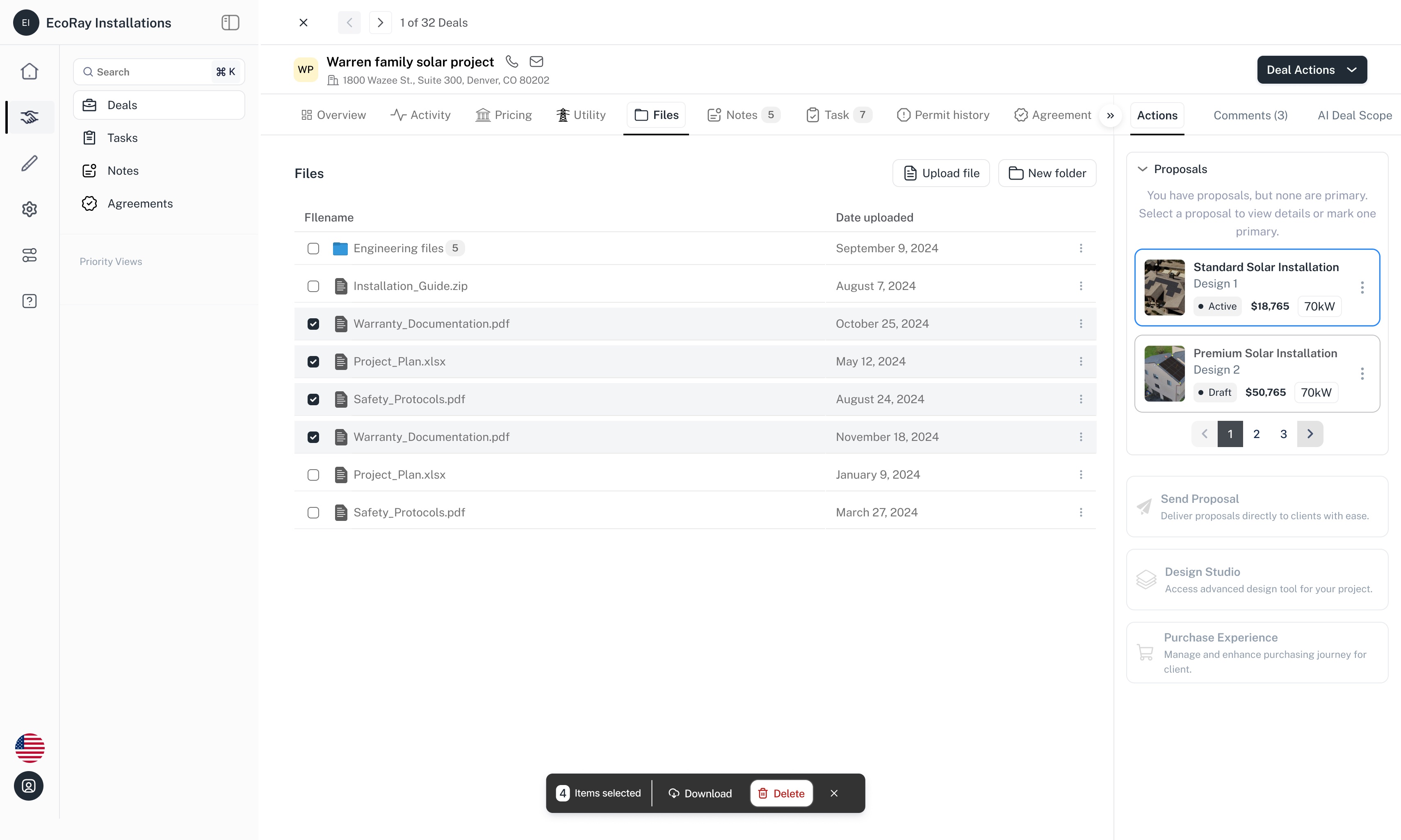 Files on the deal, with the whole workspace along the top: overview, activity, pricing, utility, files, notes, tasks, permit history, agreement. Four selected, with the proposals for this project alongside.