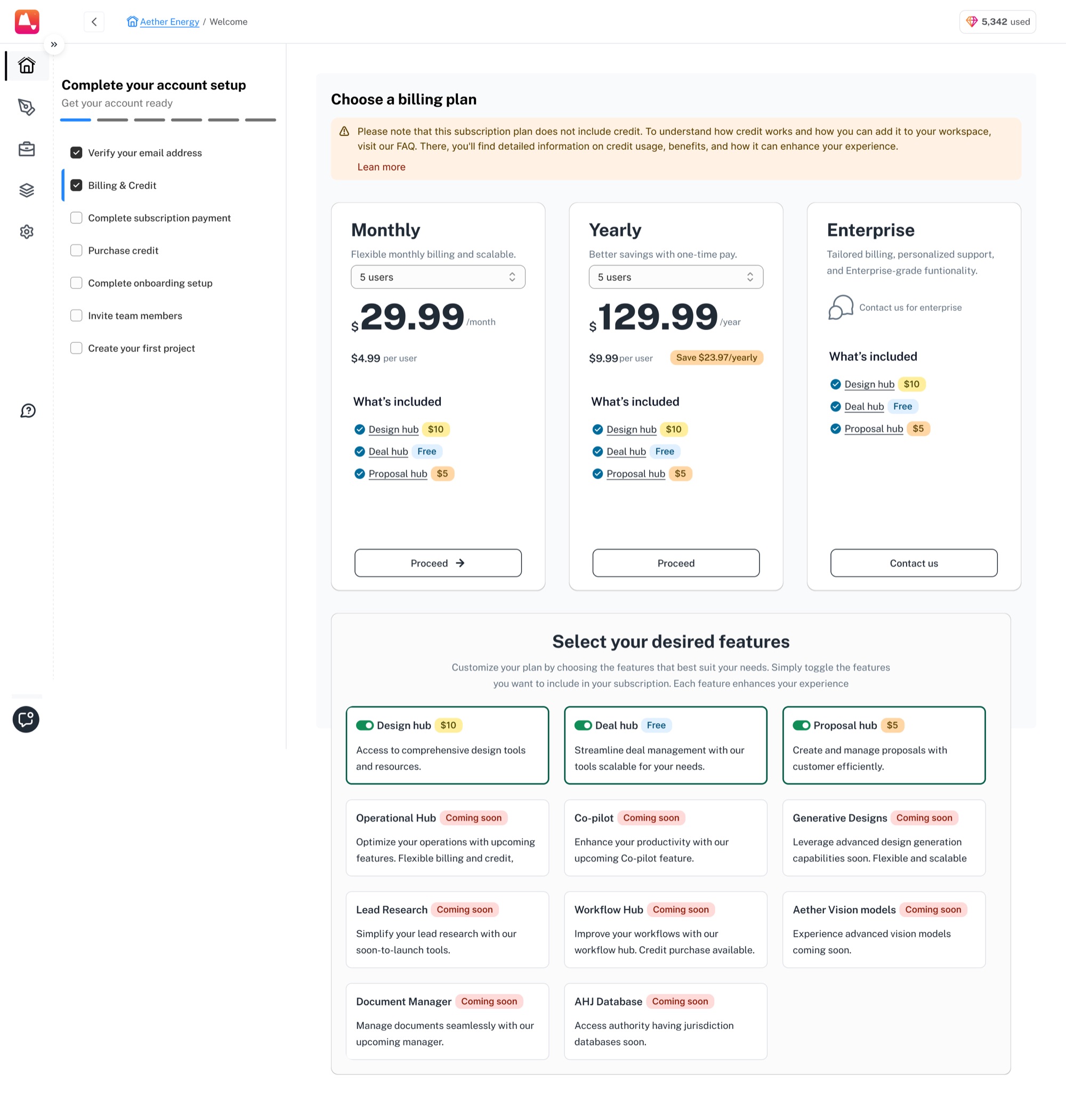 Account setup, with billing as one step in the checklist. Aether is sold as hubs (Design, Deal, Proposal), each switched on separately, the rest marked coming soon.