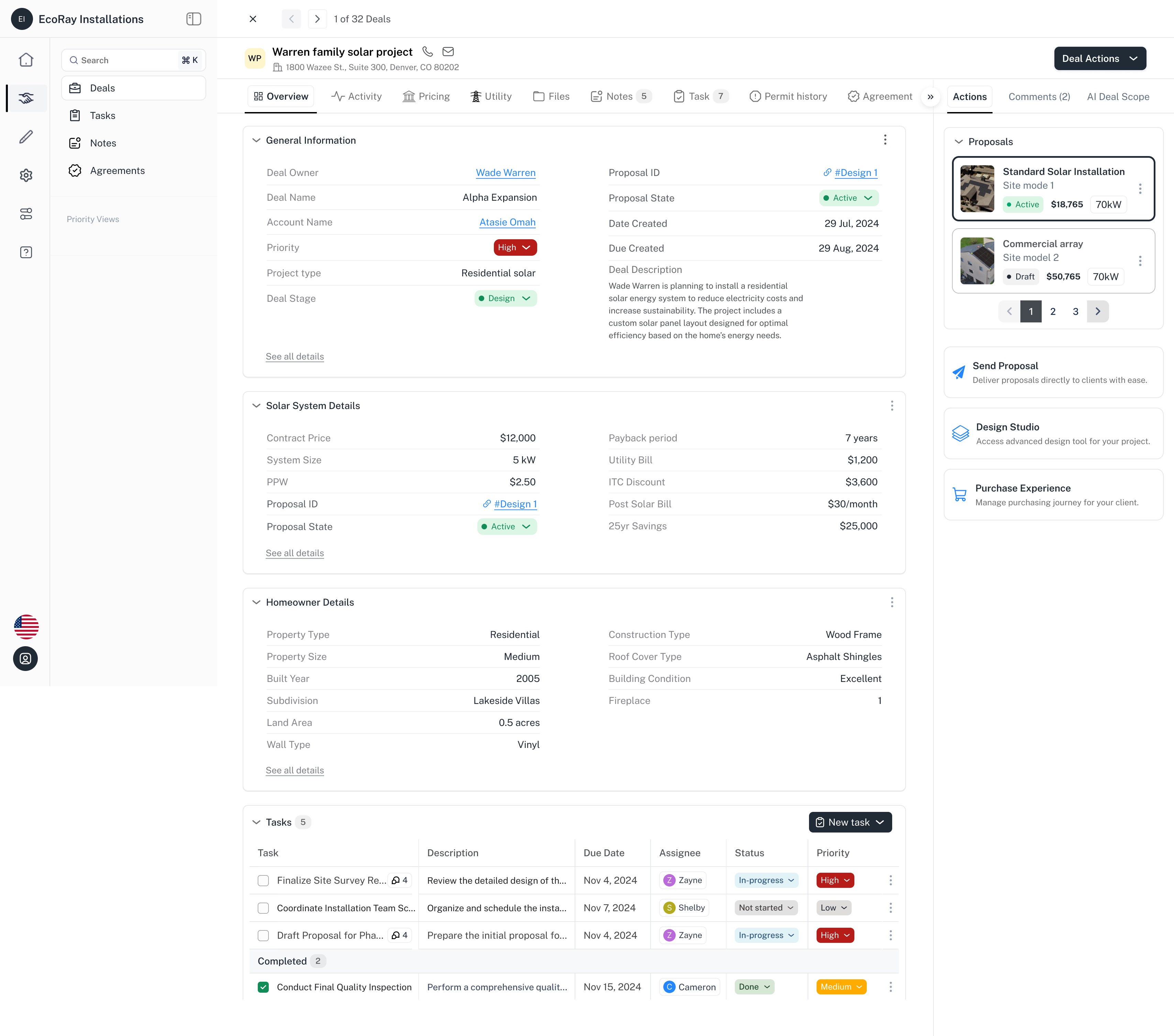 One deal opened in the CRM: contacts, system details and the deal's own tabs