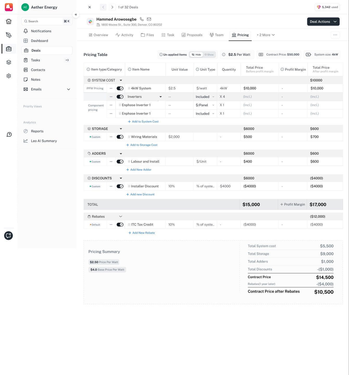 Pricing: system cost, storage, adders, discounts and rebates, every line switchable and carrying its own margin.