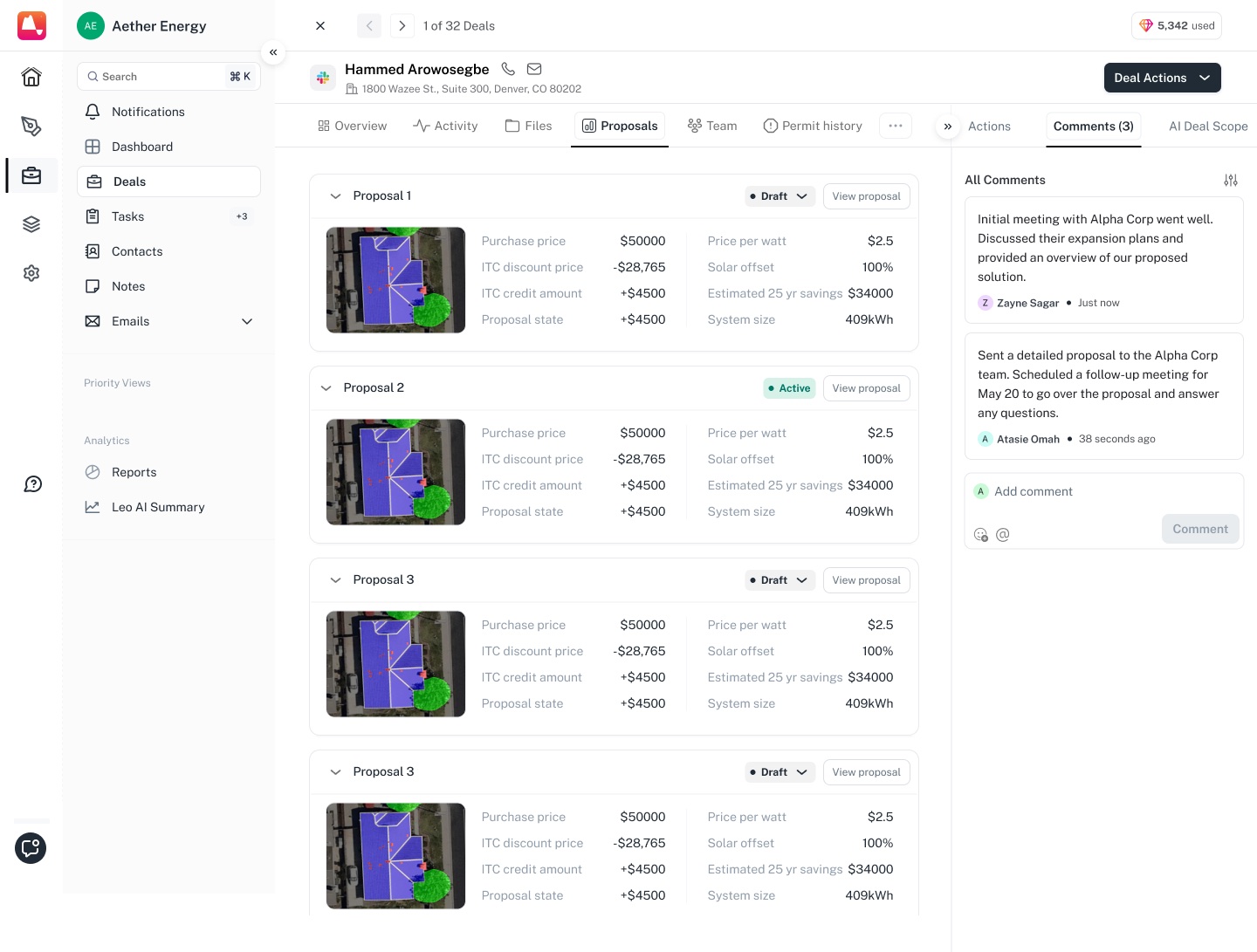 Three proposals for one deal, priced side by side, with the team’s comments alongside.
