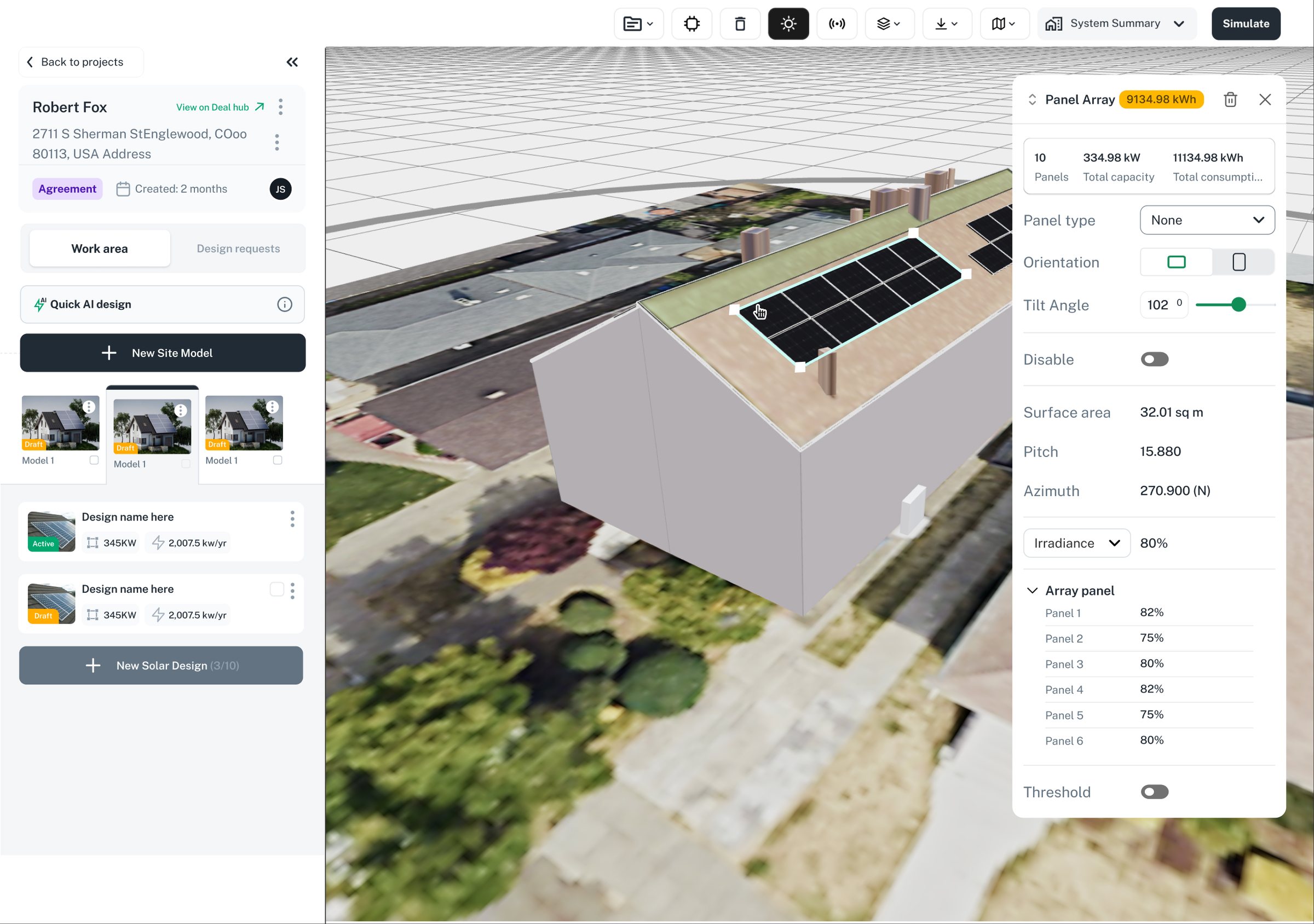 An array selected: 10 panels, total capacity and production first, then tilt, pitch and azimuth, then irradiance panel by panel.