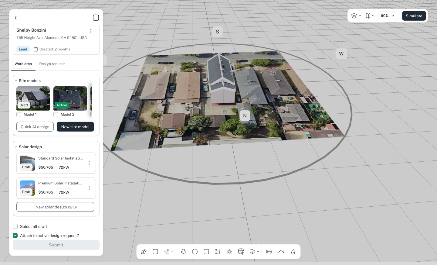 The design workspace as a whole: site models and solar designs in one panel, the roof kept as the largest thing on screen.