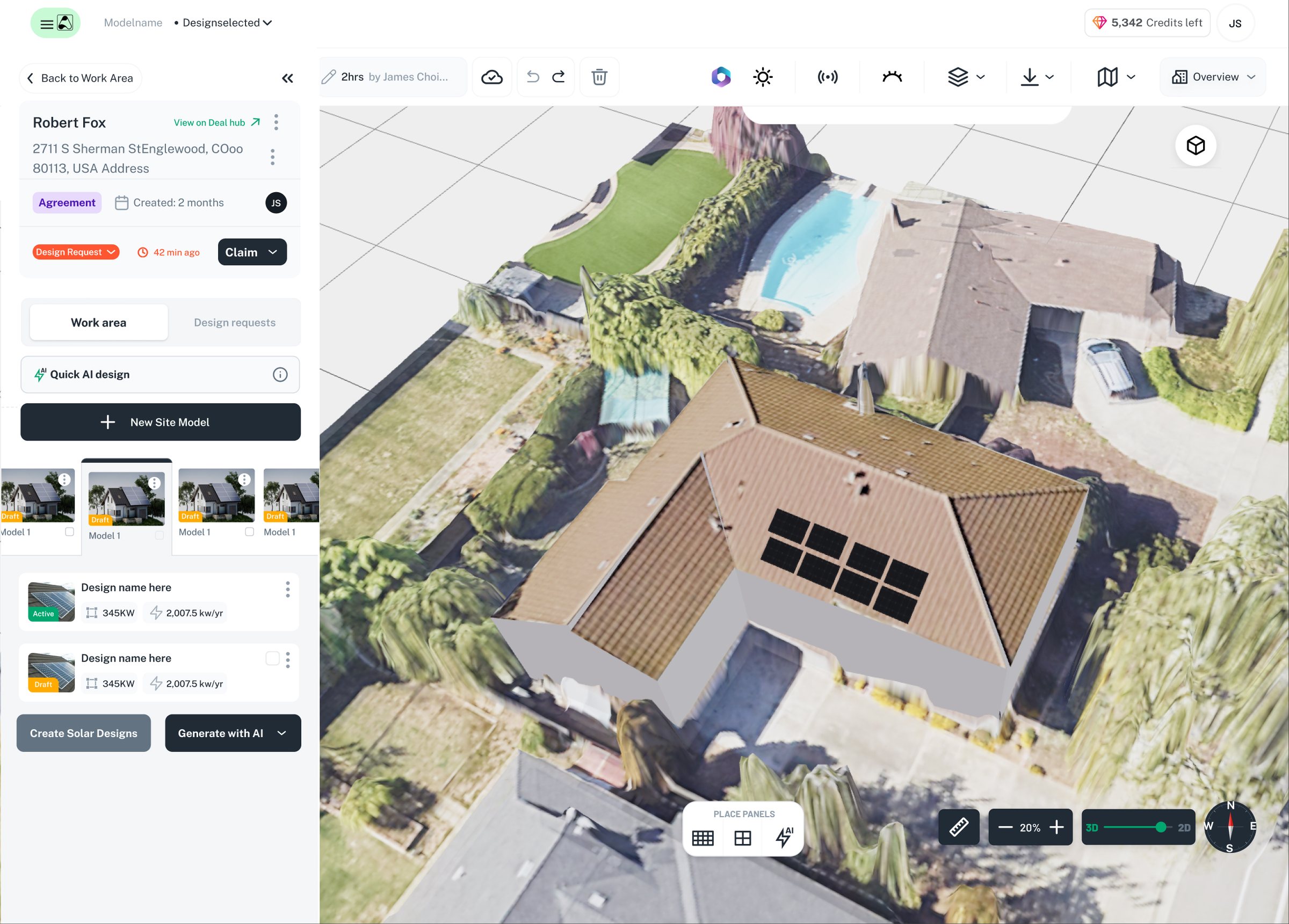 The traced roof extruded into a 3D model with panels on it, the site models and designs for this deal listed down the left.