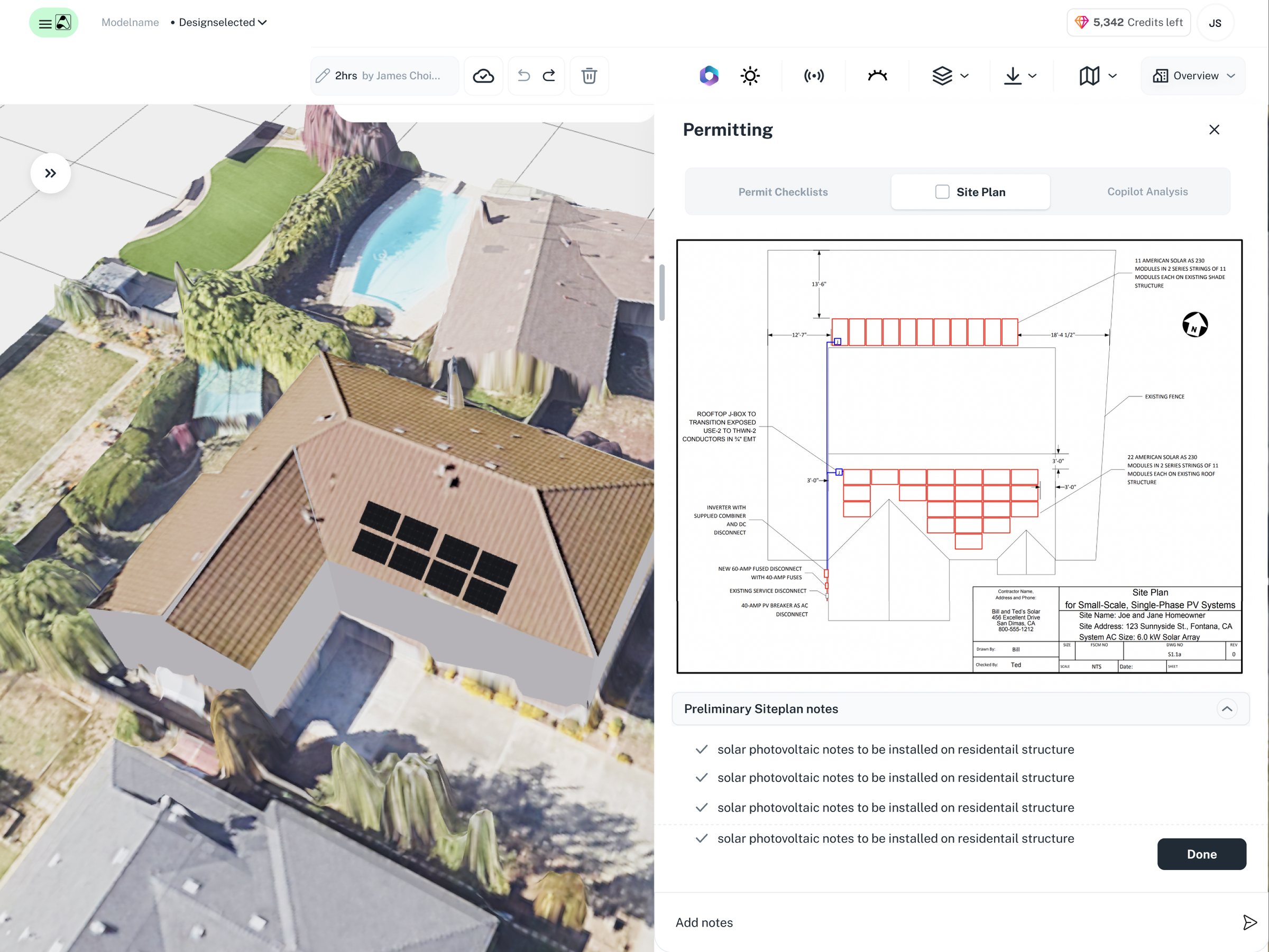 Permitting sits inside the design tool: checklists, the generated site plan, and a copilot analysis, with the preliminary siteplan notes listed as they will be read by the AHJ.