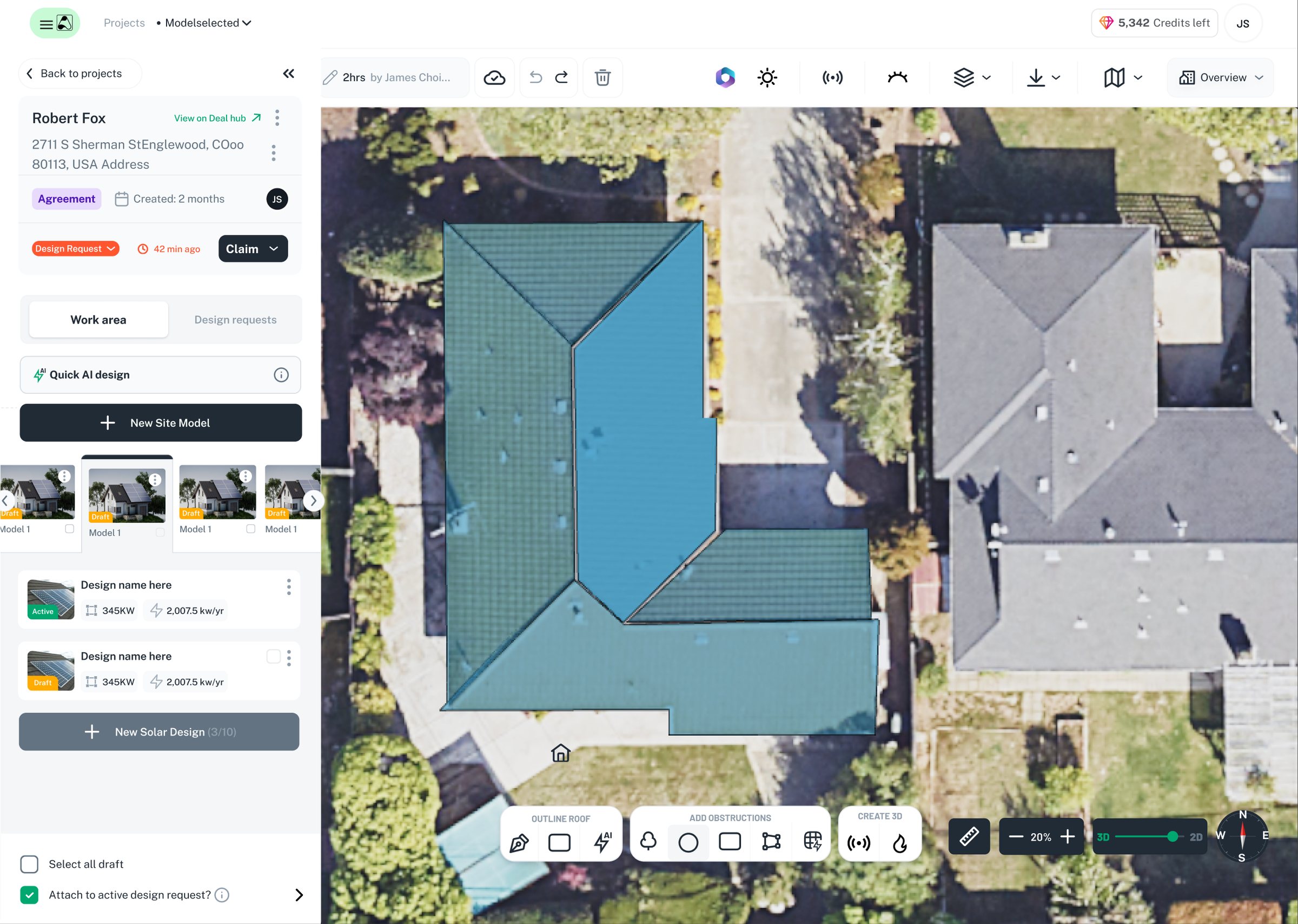 A rooftop on satellite imagery, with the design request it came from attached.