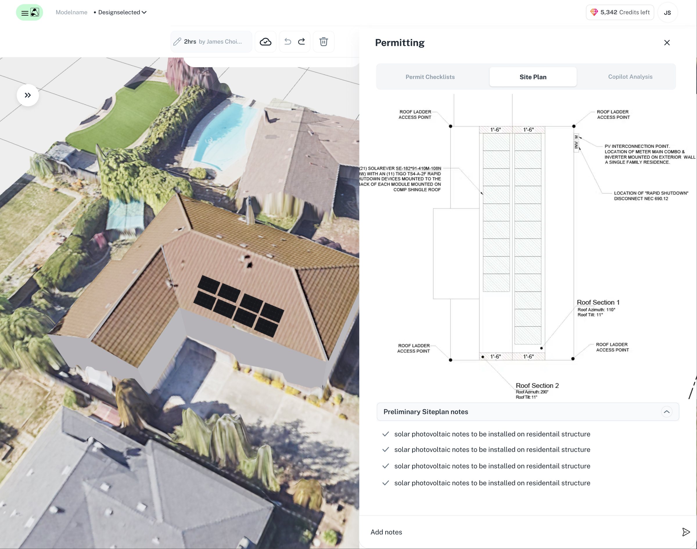 The site plan the jurisdiction receives — roof sections with azimuth and tilt, ladder access points, rapid-shutdown and interconnection notes.