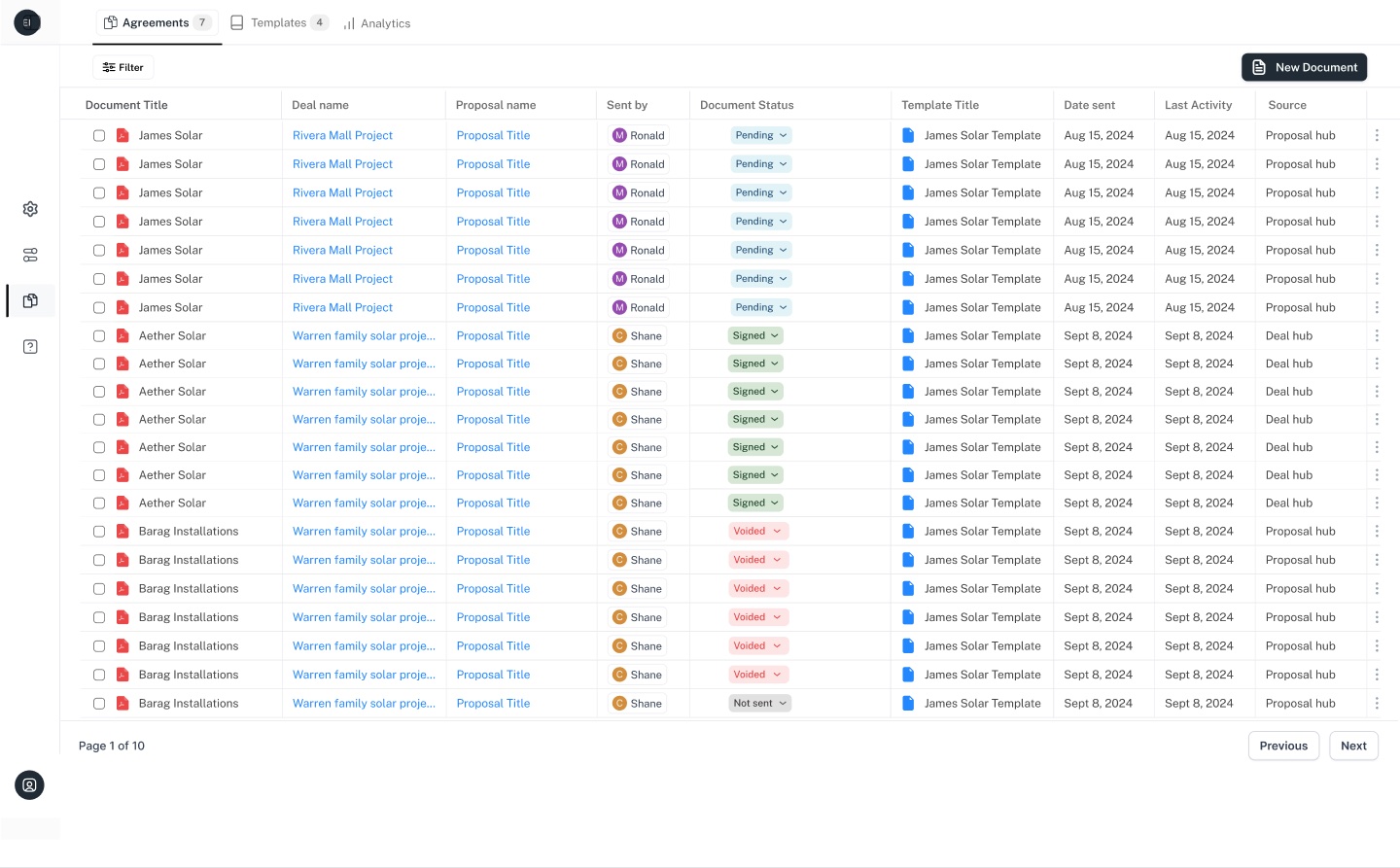 Every agreement in one table, with a Source column recording which product each one came from.