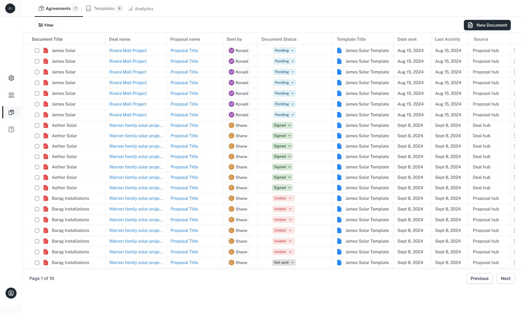 Every document across the account, filtered by status and searchable by deal.