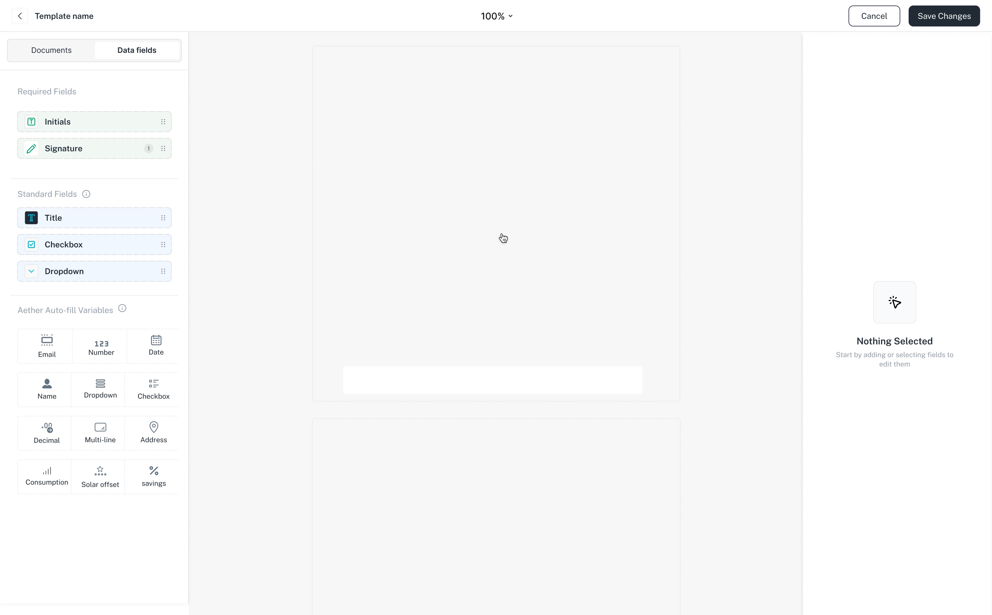 The palette: required fields, standard fields, and Aether’s own variables underneath.