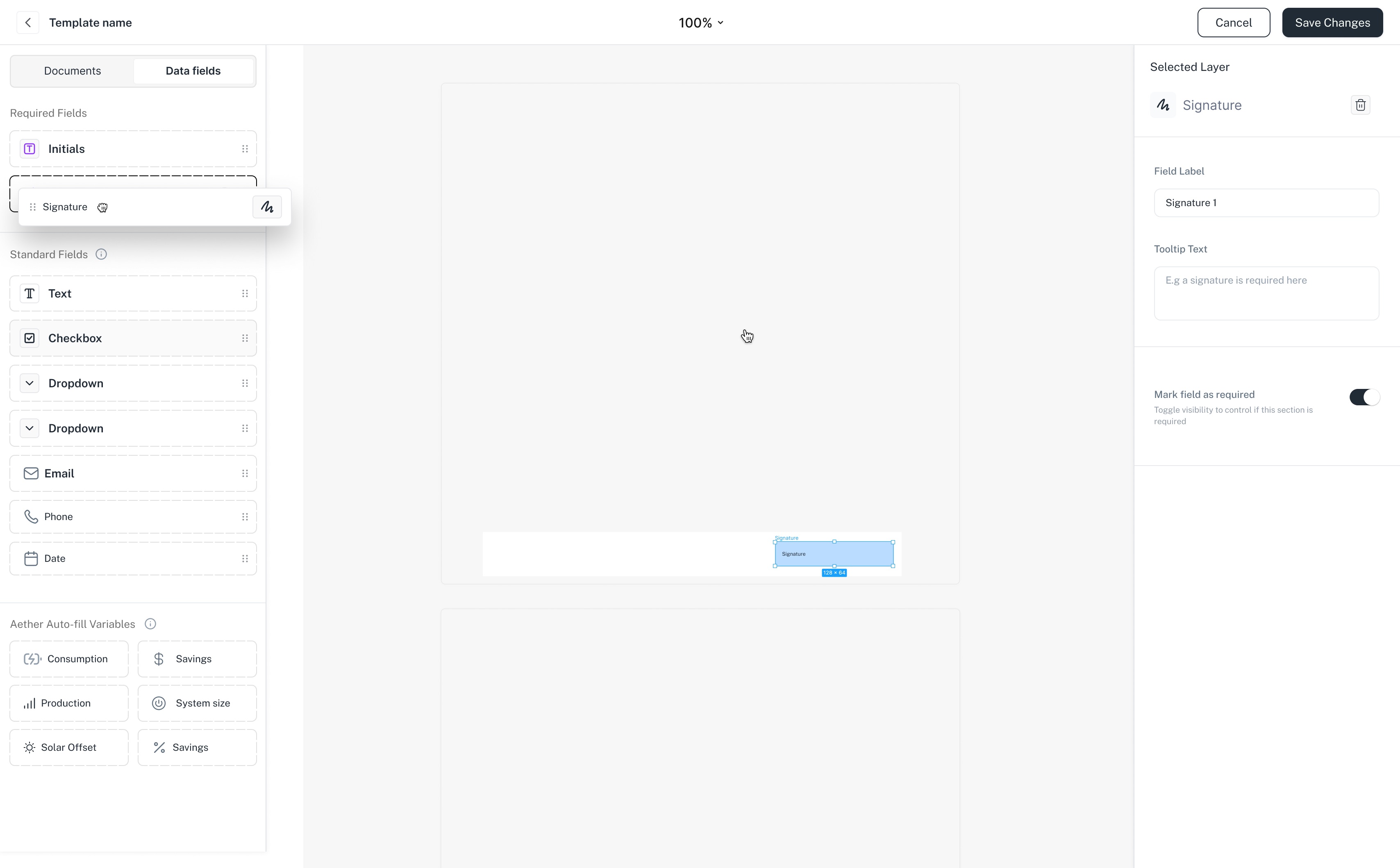 Placing a signature field, with its label, tooltip and required toggle on the right.