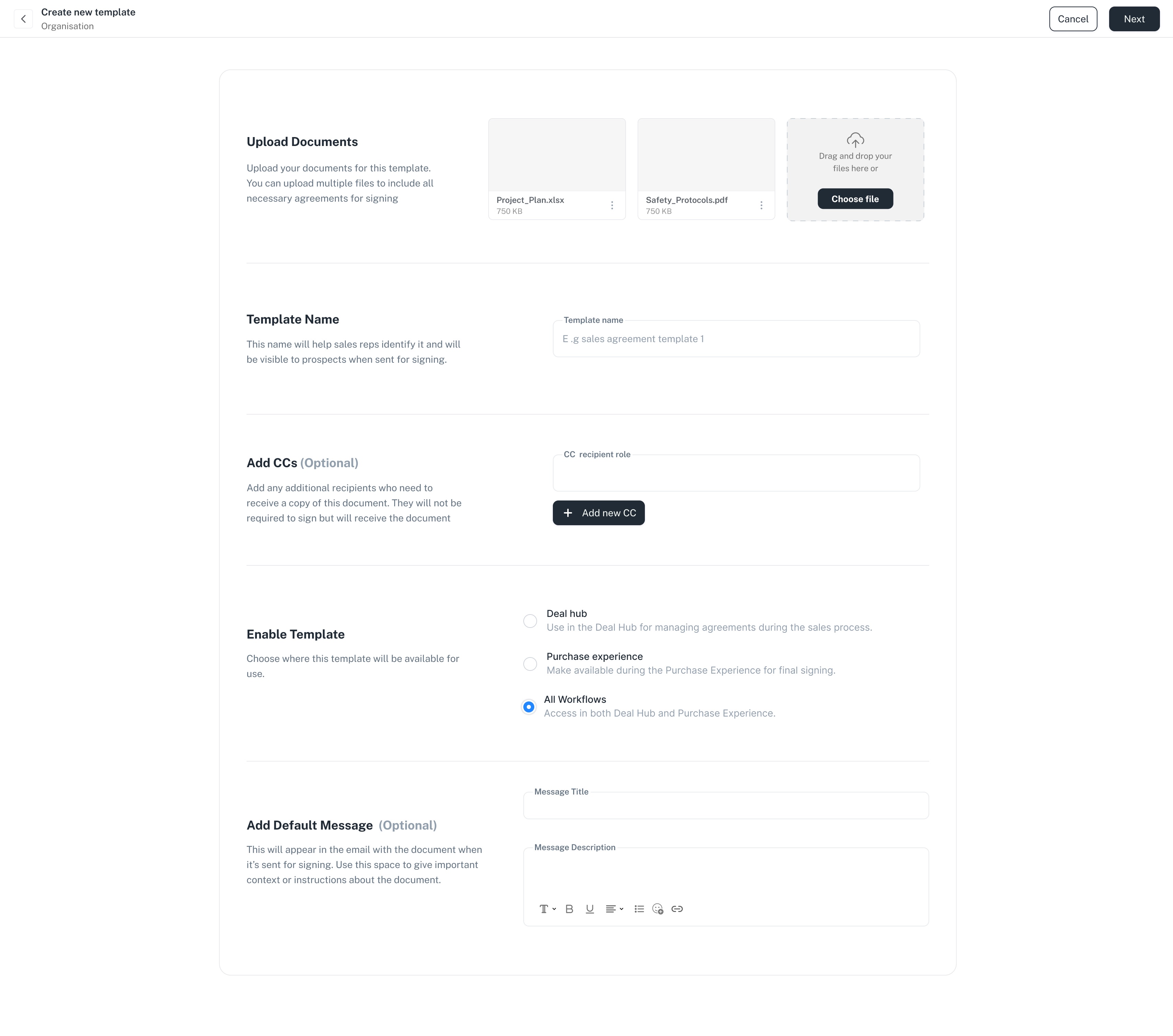 Creating a template: the uploaded documents, the name, the CC list, and where the template is enabled.