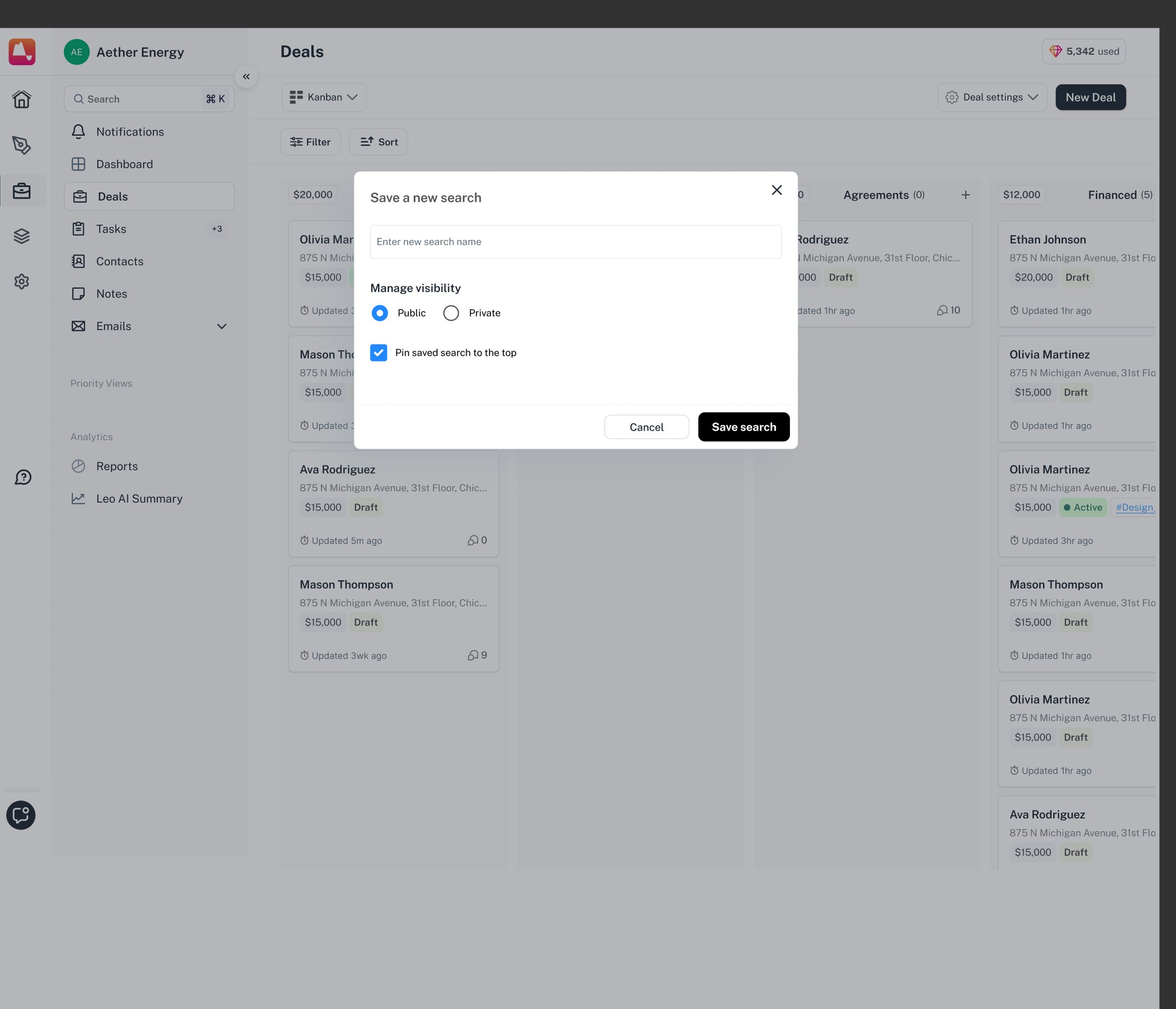 The filter is named, set to public or private, and pinned to the top.