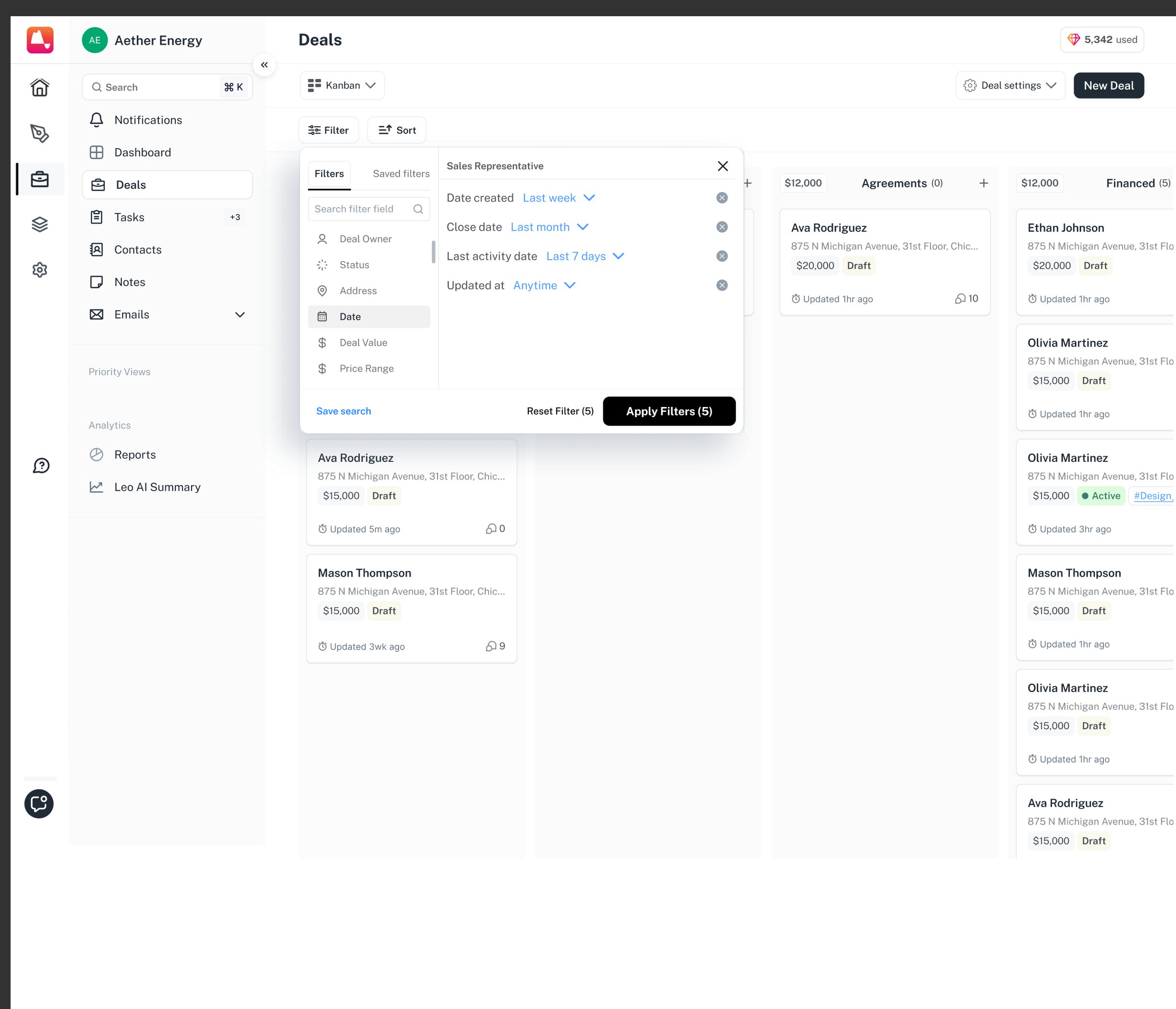 Created, closed, last activity, updated — each with its own range.