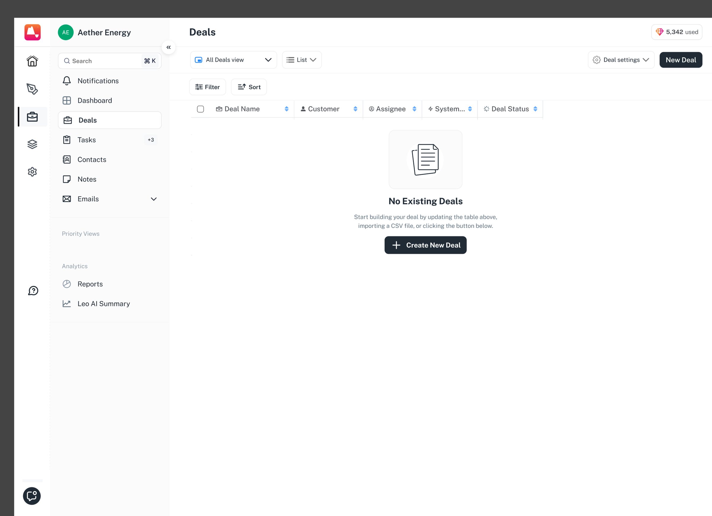 A new list with no deals in it, offering two options: import a CSV, or create the first deal.