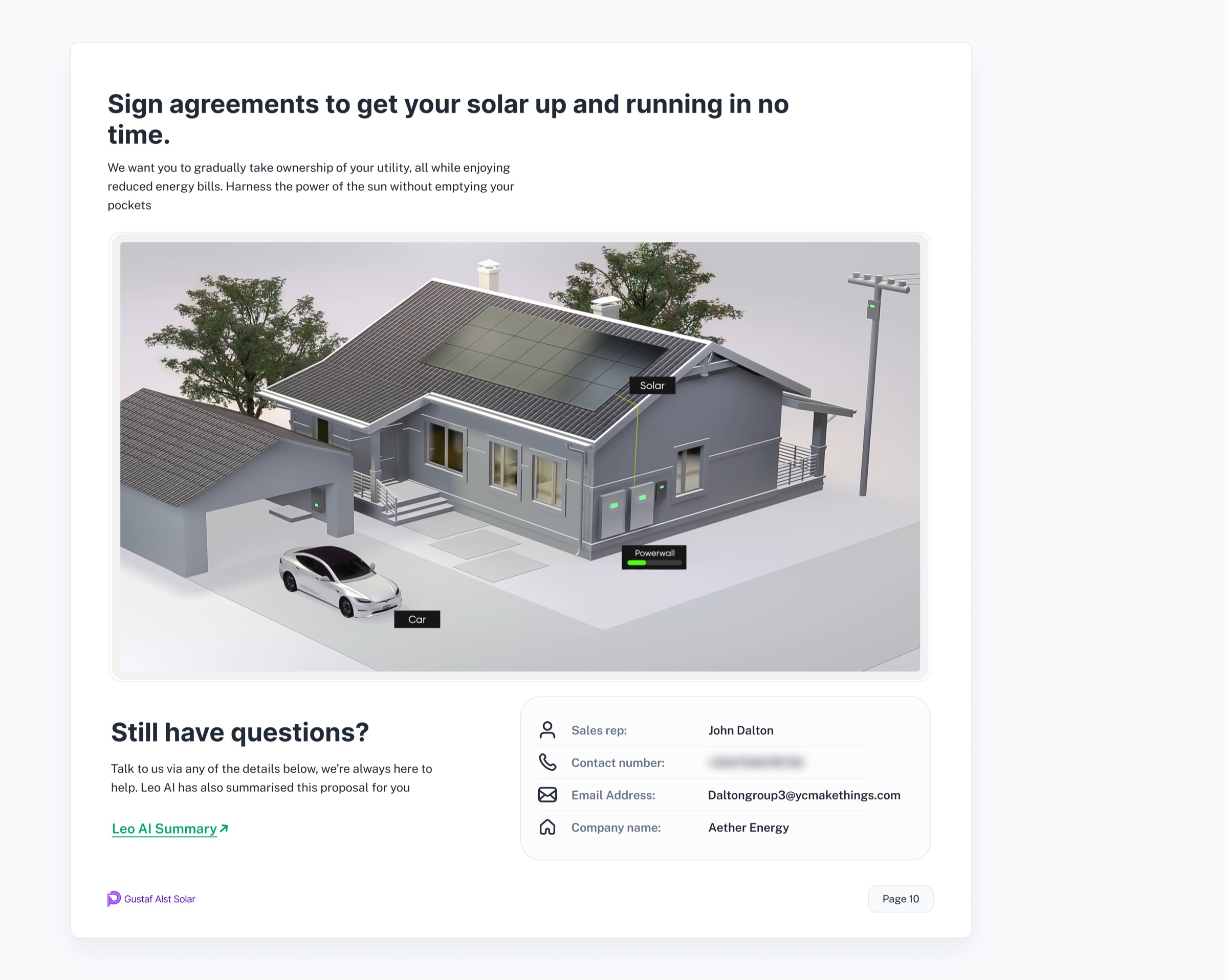What happens next, the house rendered with its panels, battery and car, and a named rep to contact.