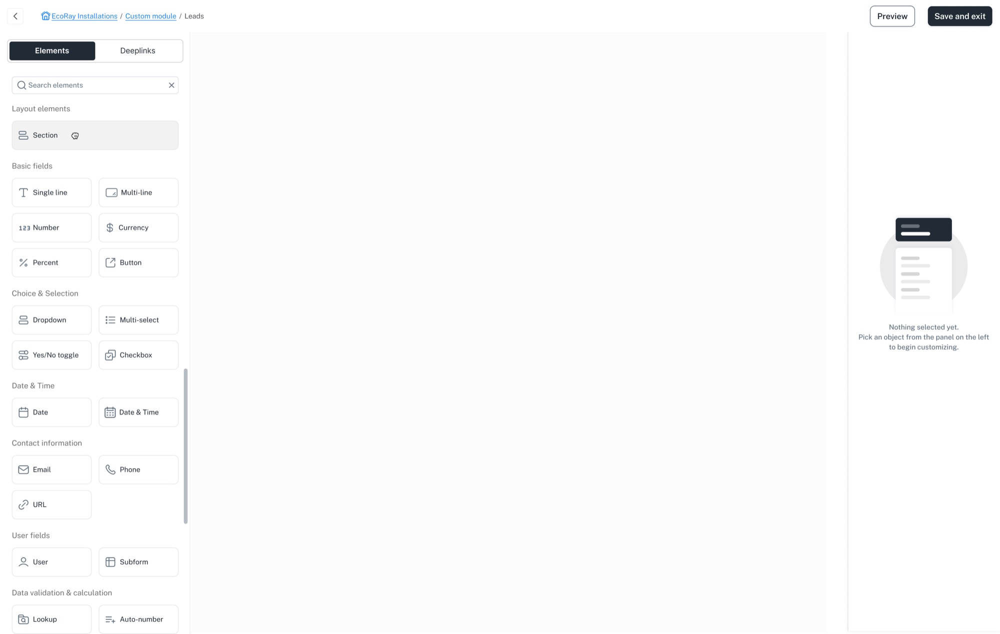 The template canvas, empty. Every block a proposal can hold sits in the left rail, grouped by what it does.