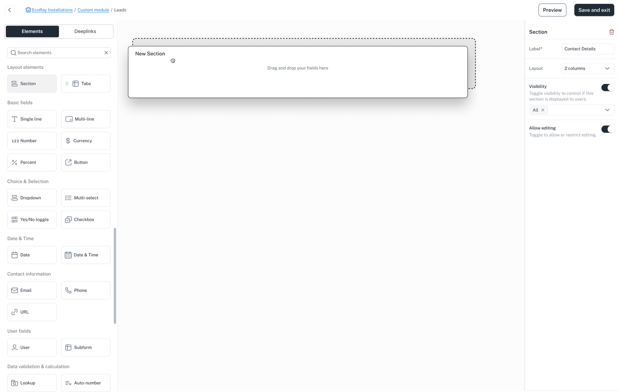 Dropped and selected, with its own bounds, live dimensions and a delete control.