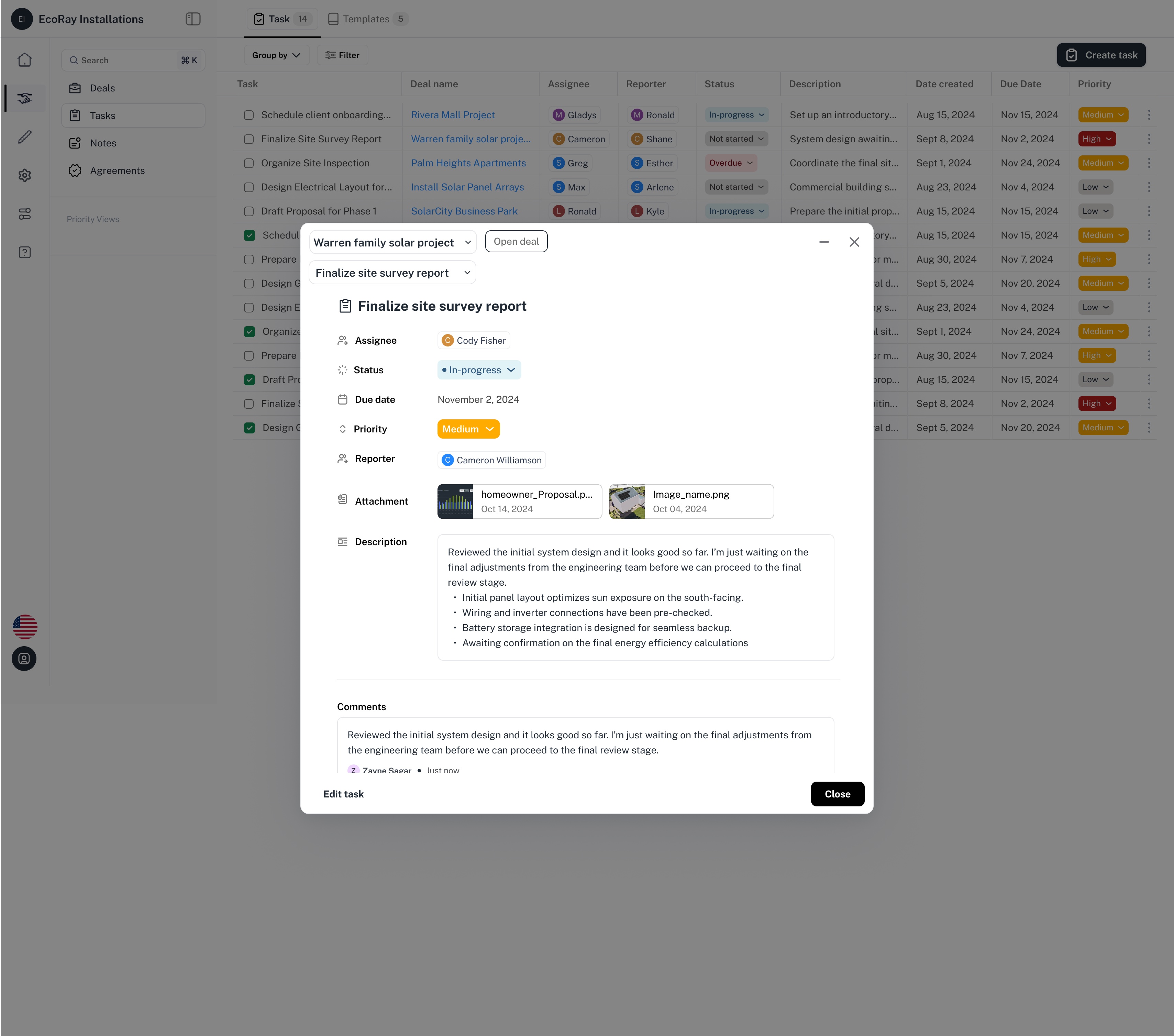 The same task from the list, with its deal named above it and a link through to it.