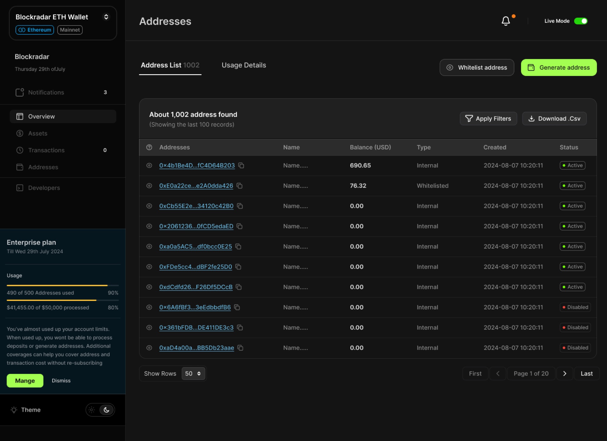 The address list: 1,002 addresses with balances, type and status