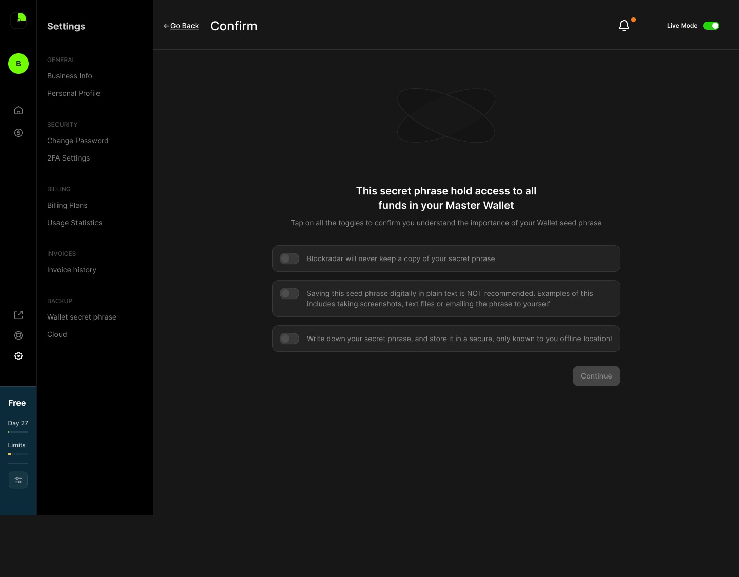 Three statements, each its own toggle. Continue stays disabled until all three are on.