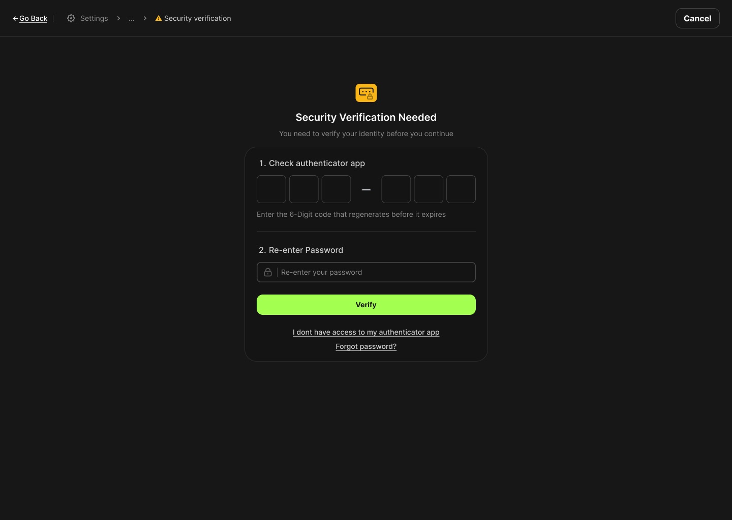 Both factors on one screen: authenticator code and password.