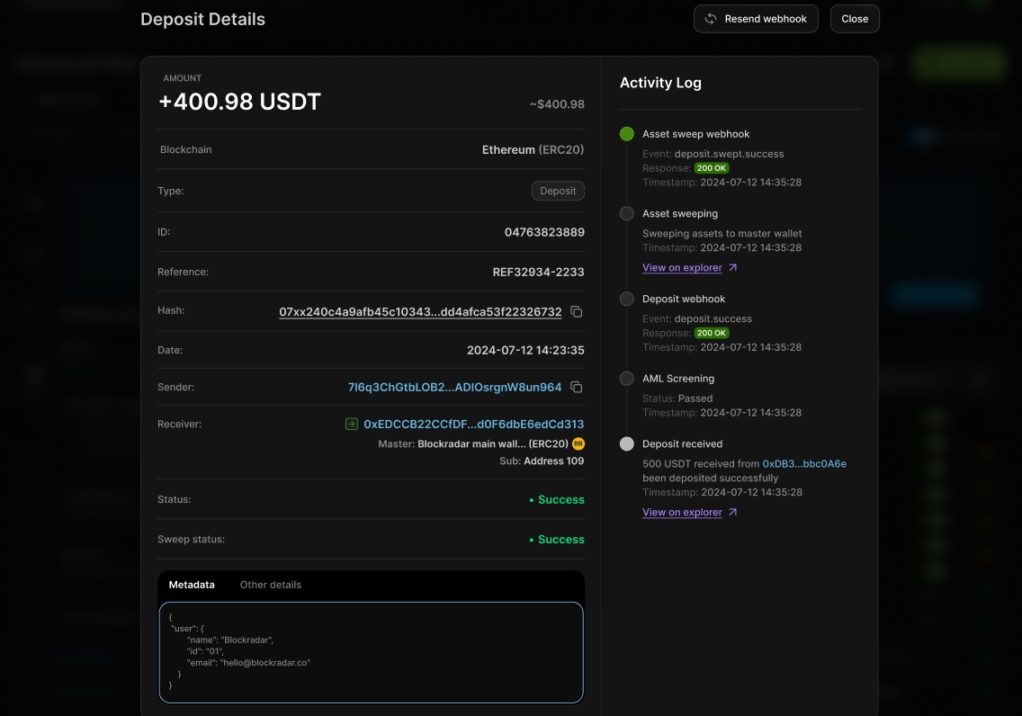 A single deposit opened up, with the activity log running the full lifecycle on the right.