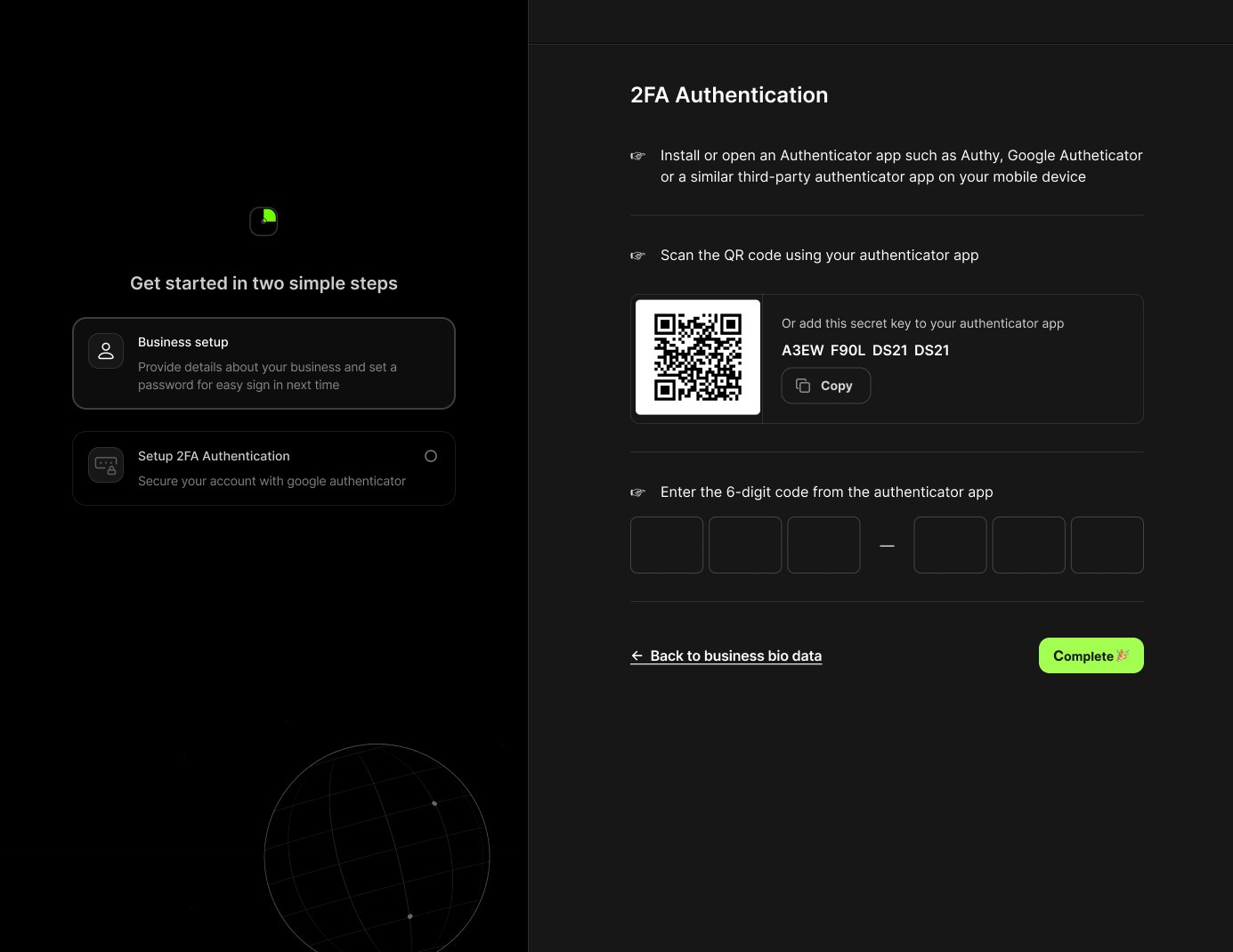 QR code, the secret key in copyable form for anyone who can’t scan, then the six-digit check.