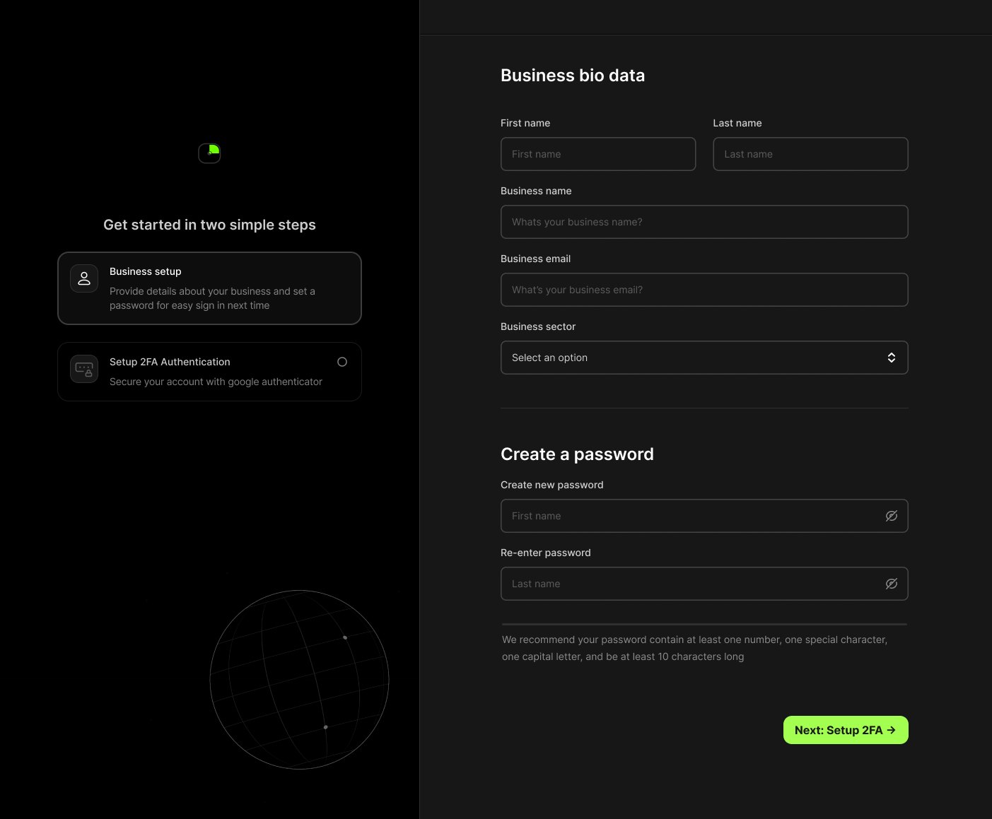 Two simple steps listed on the left, the form on the right, and the password rules stated before you type.