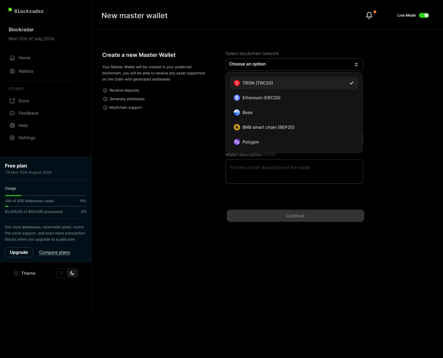 Picking the chain a master wallet runs on, from the supported networks