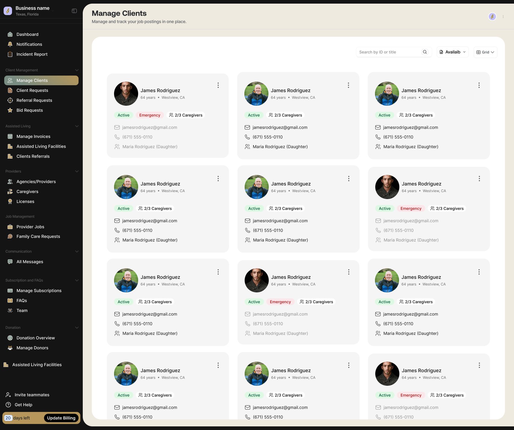 Clients across the platform, each showing whether their request is open.