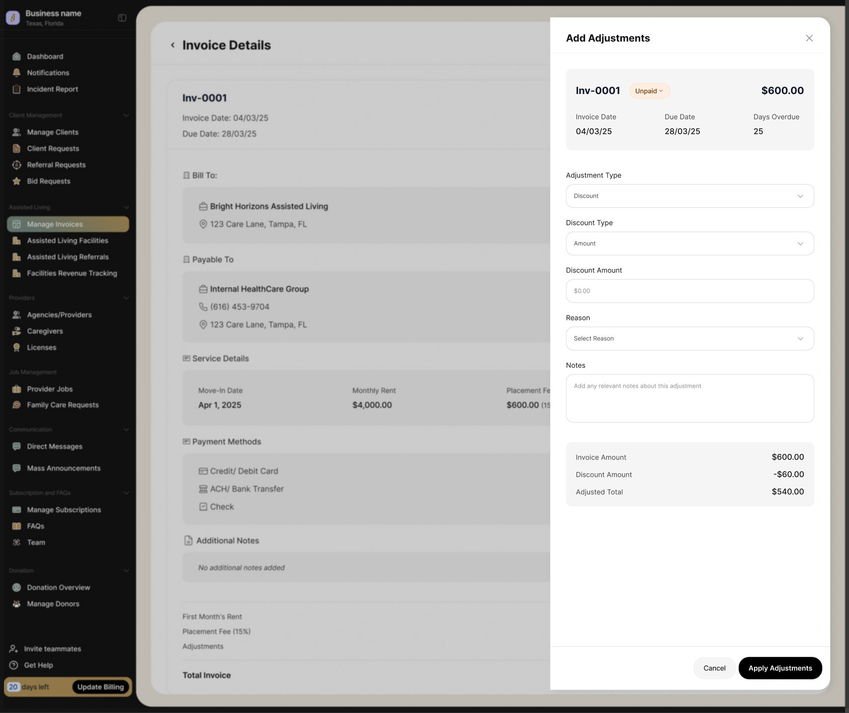An invoice with an adjustment applied: the discount, the reason and who applied it.