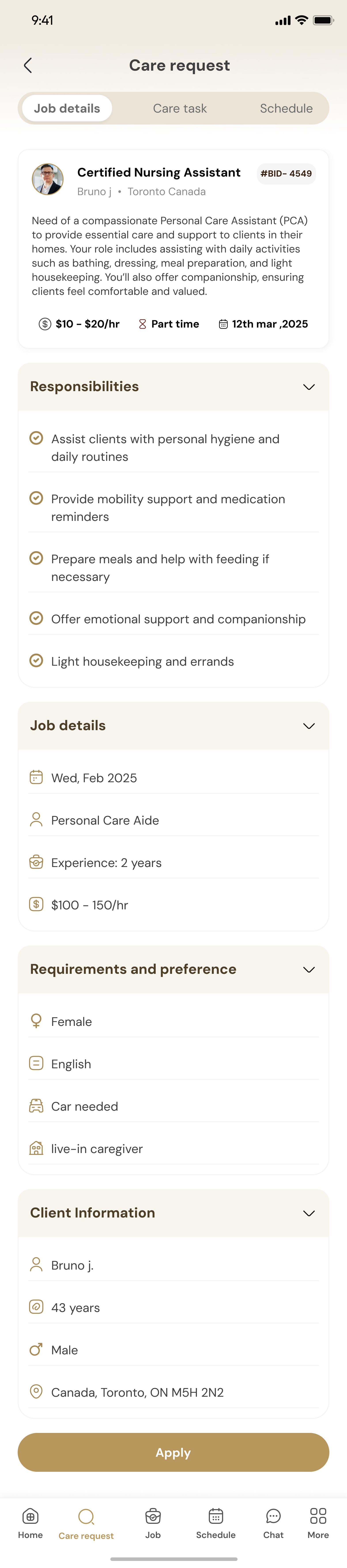 One care request opened out: responsibilities, job details, the requirements and preferences (female, English, car needed, live-in), and the client information underneath.