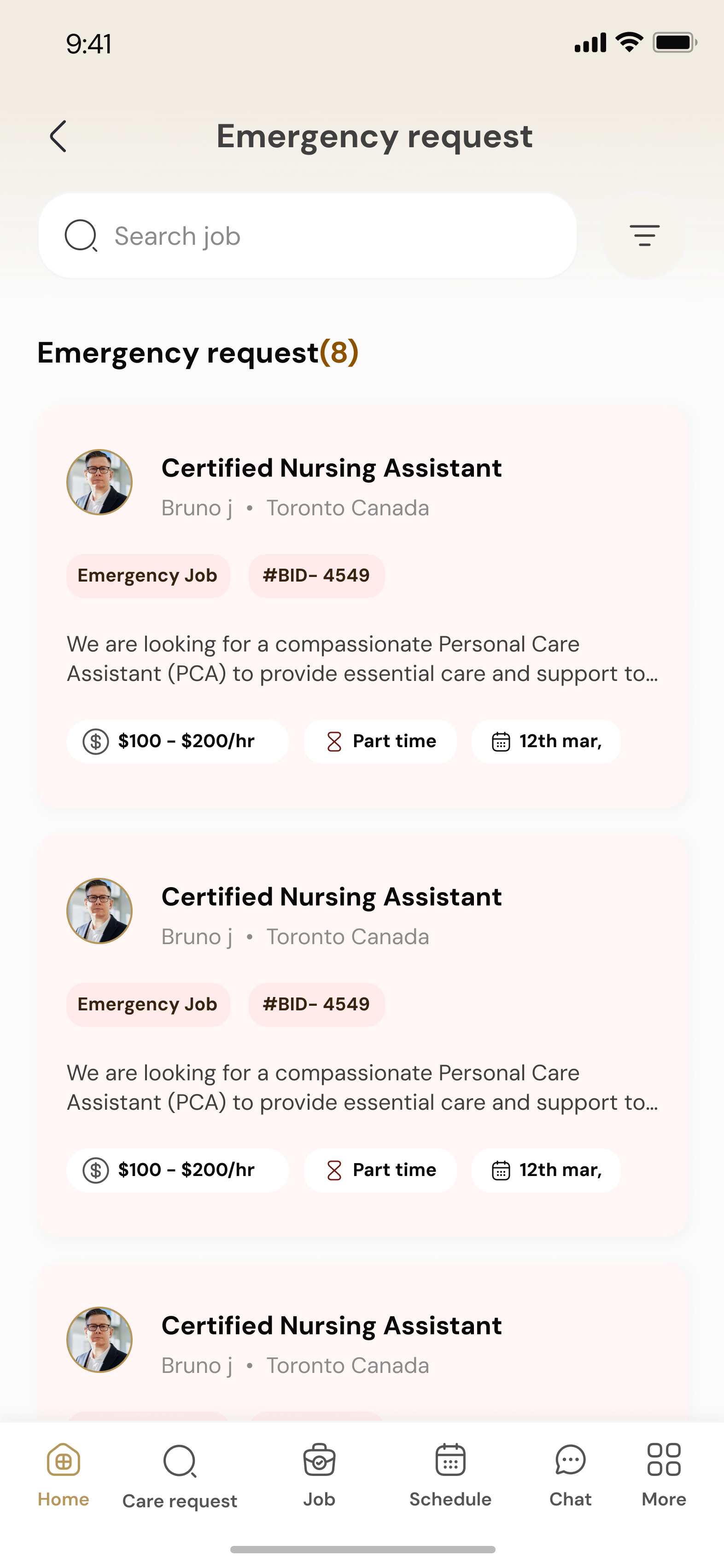 Emergency requests as their own list, each tagged Emergency and priced against the ordinary rate.