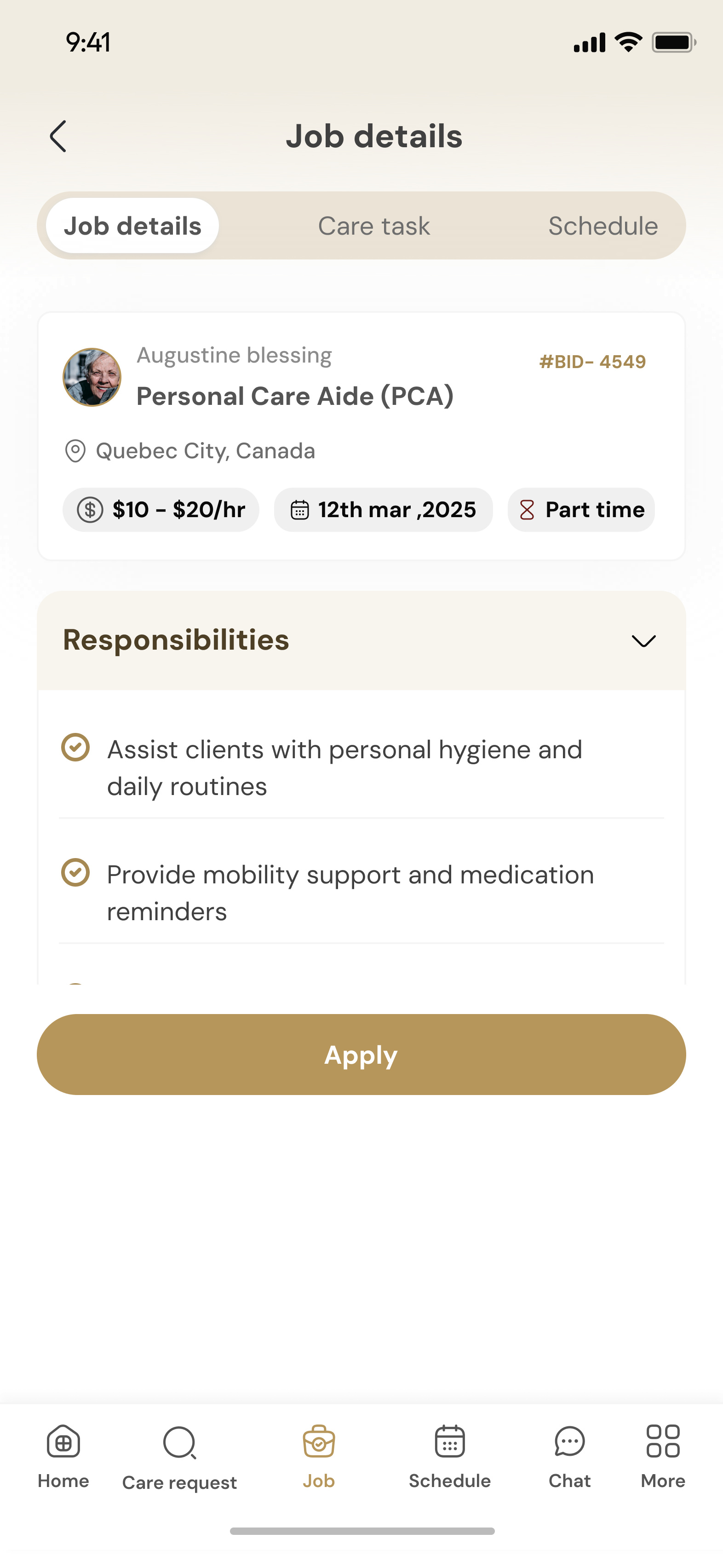 The job in brief: who posted it, the rate, the date, the responsibilities, and Apply.