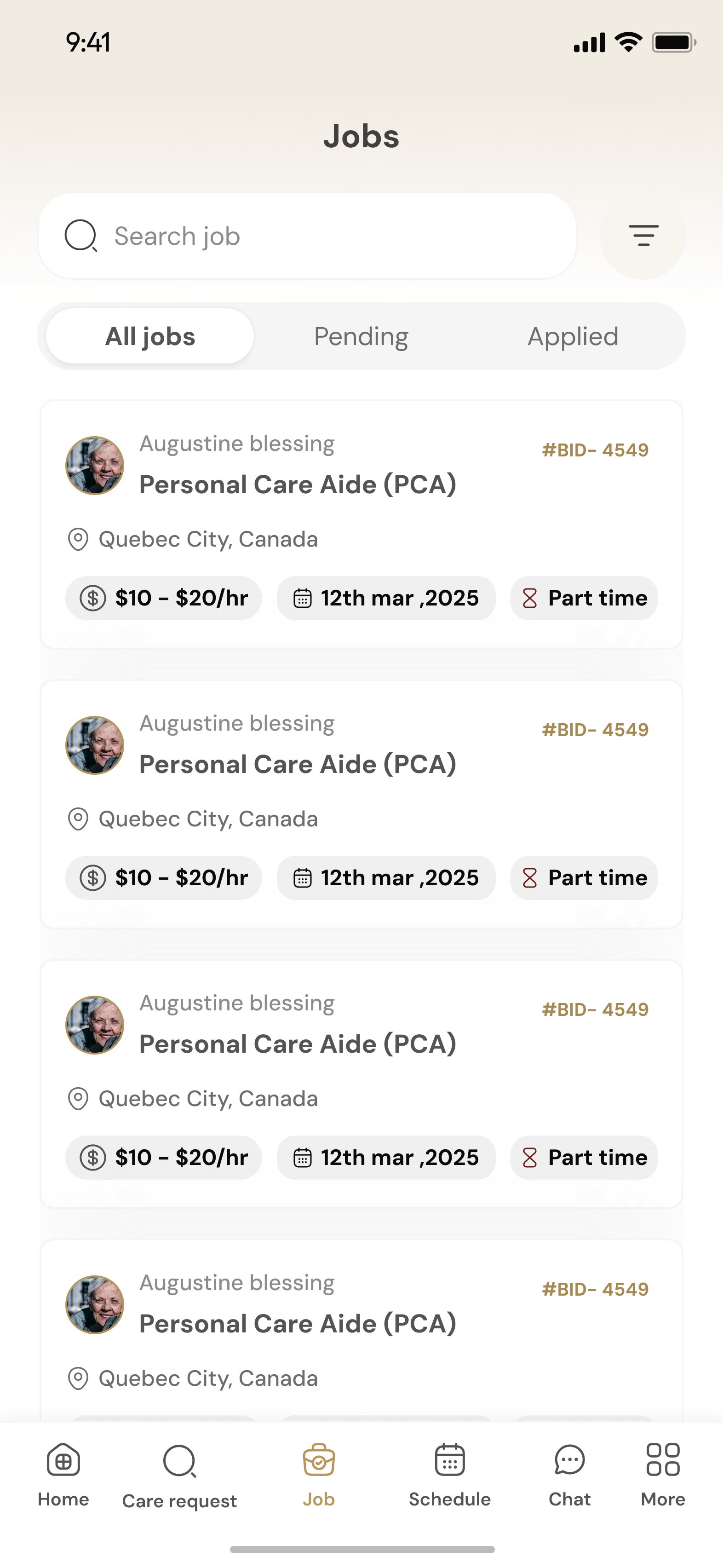 Jobs with All, Pending and Applied across the top, each card carrying the rate, the date and whether it is part time.