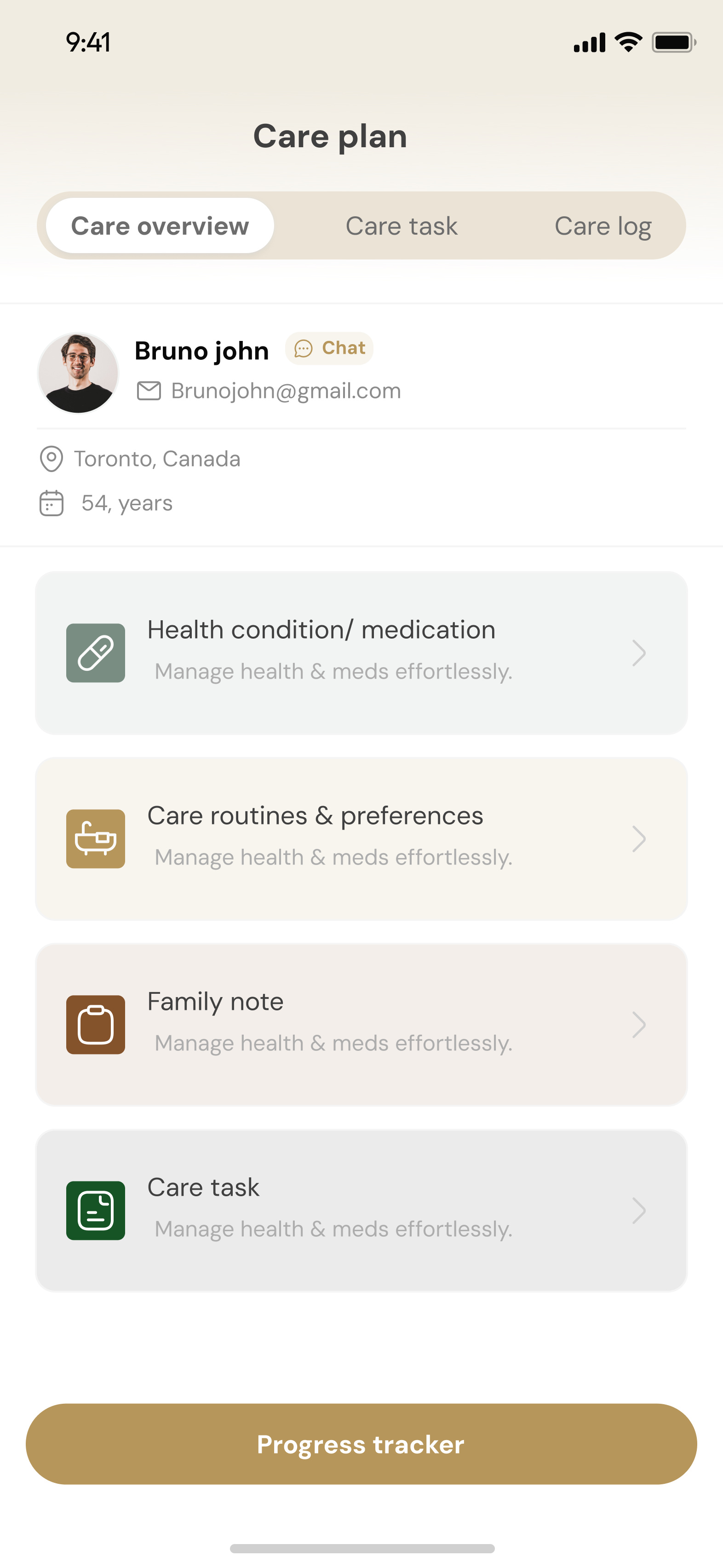 Care overview, care task and care log as three tabs on one client: health conditions and medication, routines and preferences, the family note.