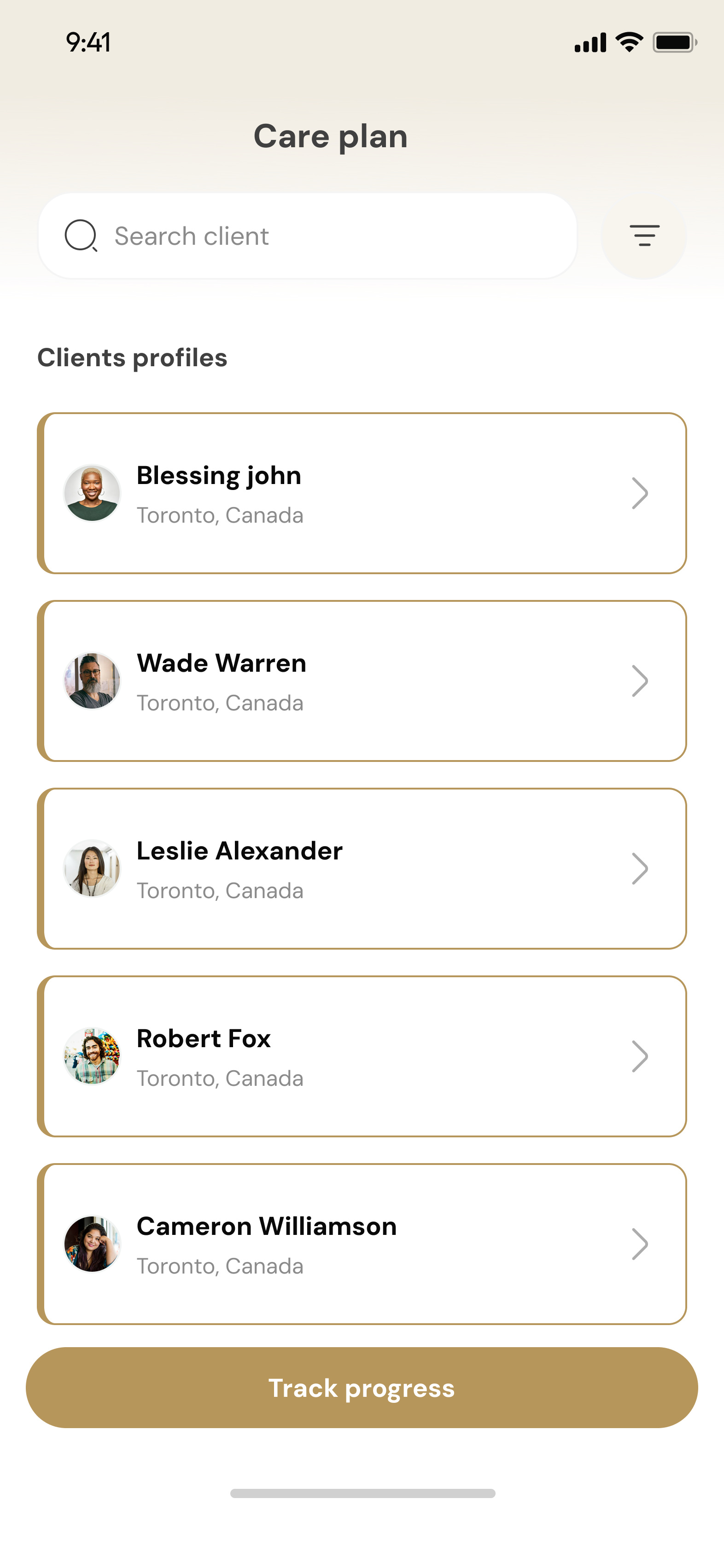 The caregiver’s own clients, each opening into that person’s plan.