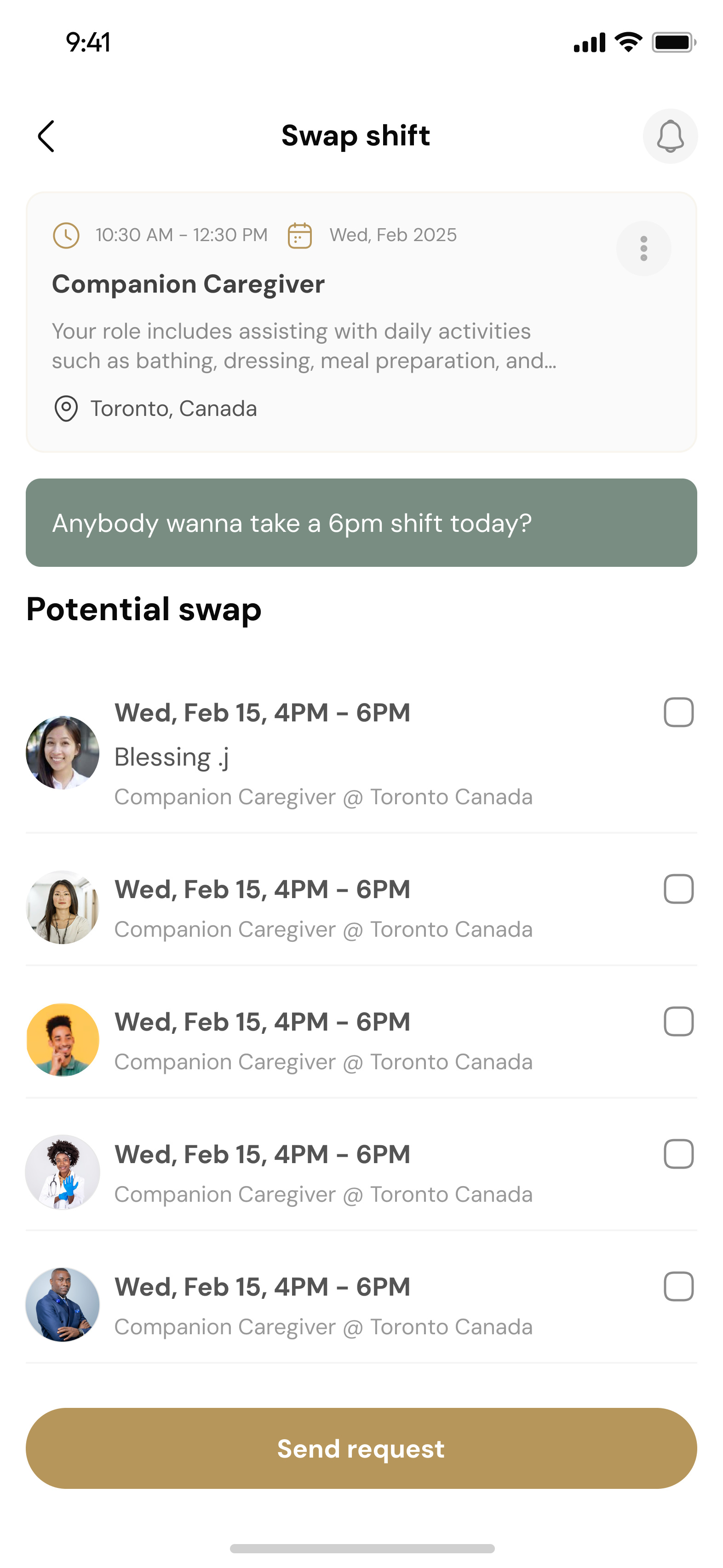 A shift put up for swap, with the caregivers who could take it and a request sent from the same screen.