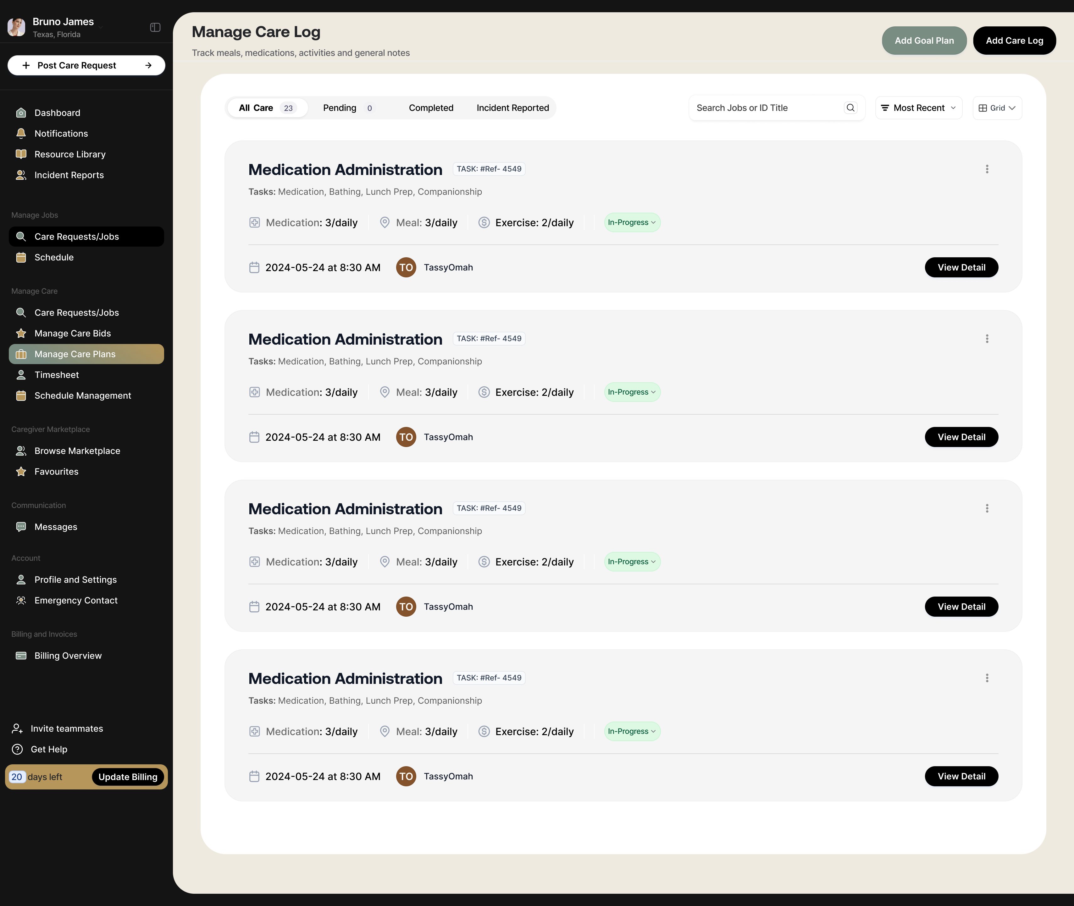 The care log: medications, meals, activities and notes, filtered by status, with each entry openable.