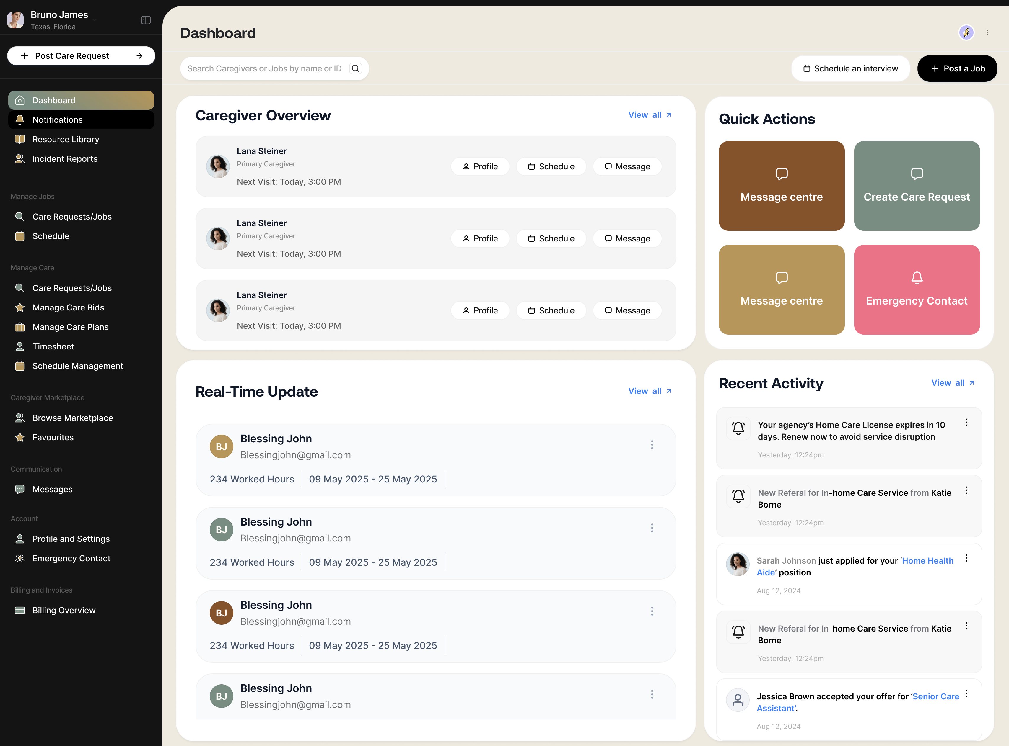 The dashboard a family lands on after submitting: who is on the case and how to reach them, the running care log, and what has changed since the last visit.