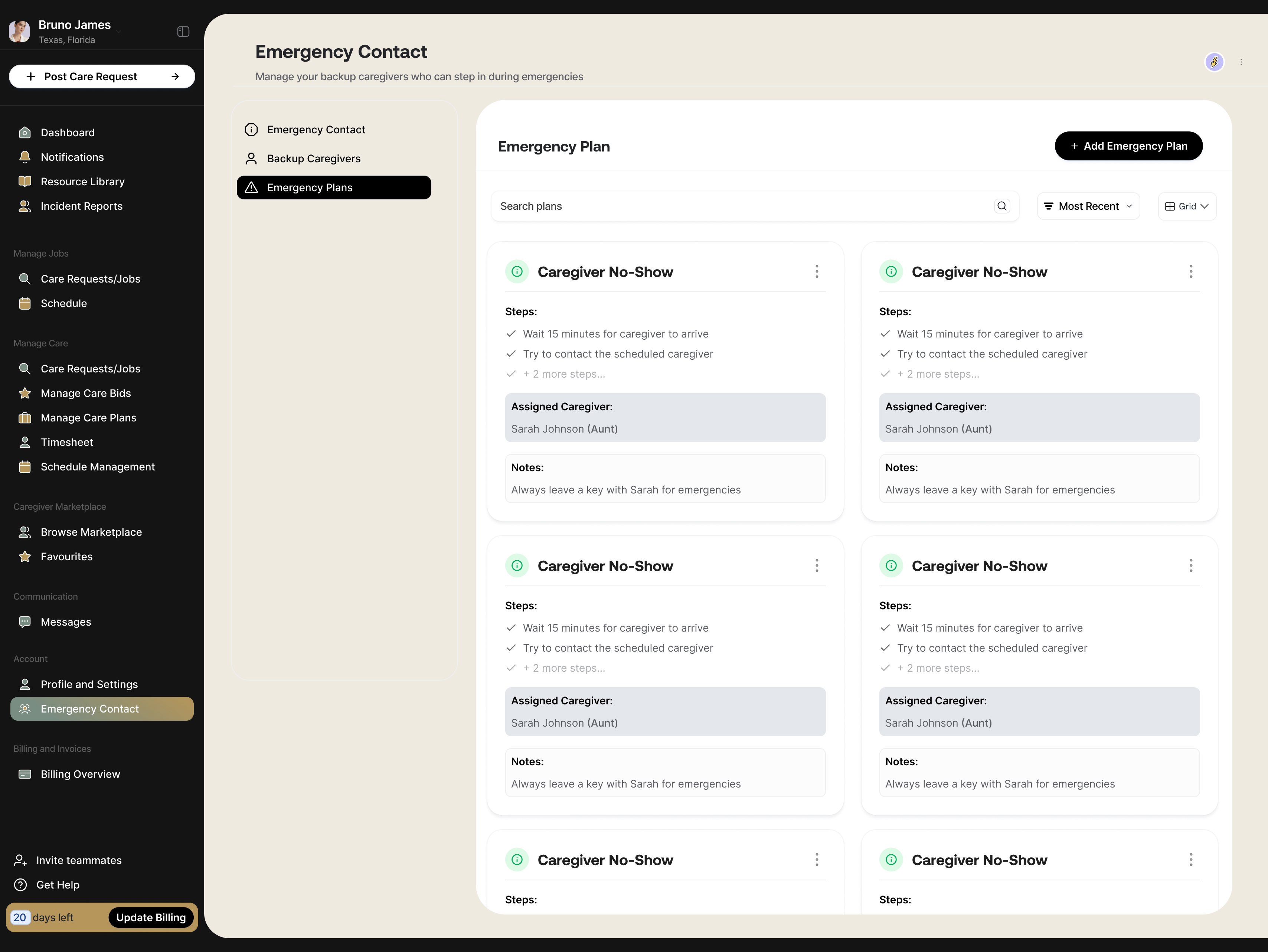 A caregiver no-show, with its steps, its backup caregiver and its note already set out.